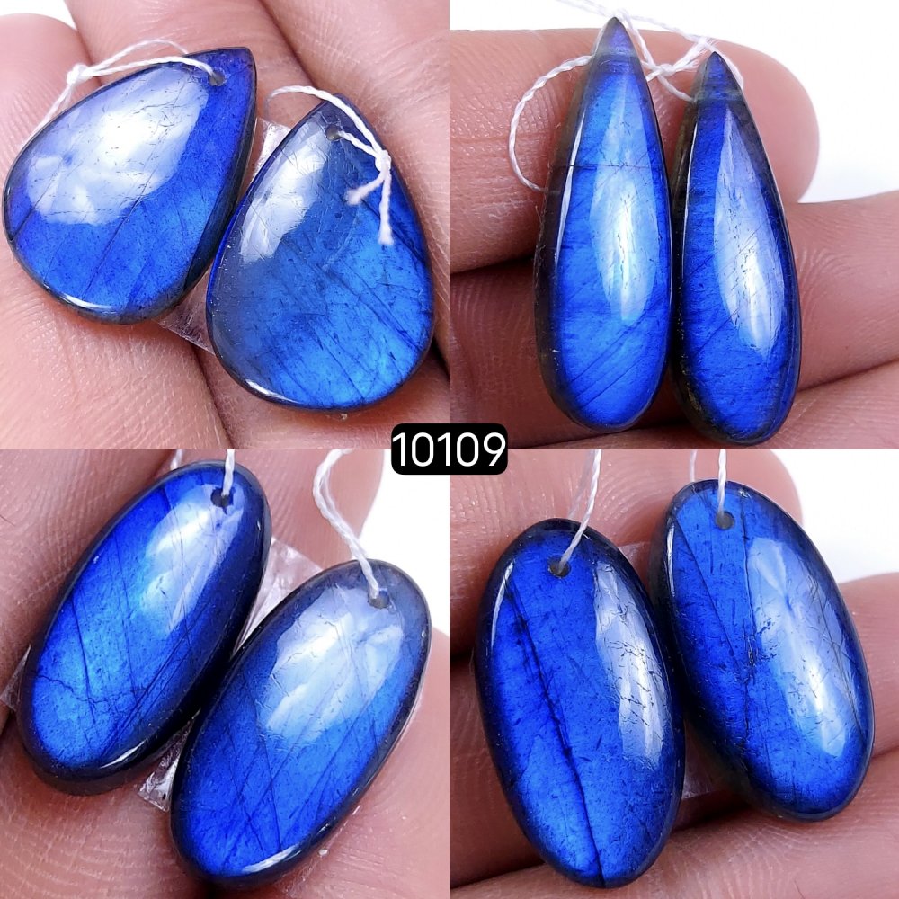 4Pair 115Cts Natural Labradorite Blue Fire Dangle Drop Earrings Semi Precious Crystal For Hoop Earrings Blue Gemstone Cabochon Matching pair 30x10 22x10mm #10109