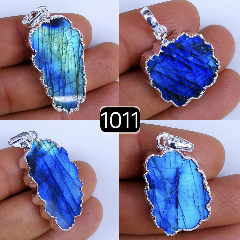 145Cts Natural Blue Labradorite Silver Electroplated Slice Pendant 32x18 22x12mm#1011