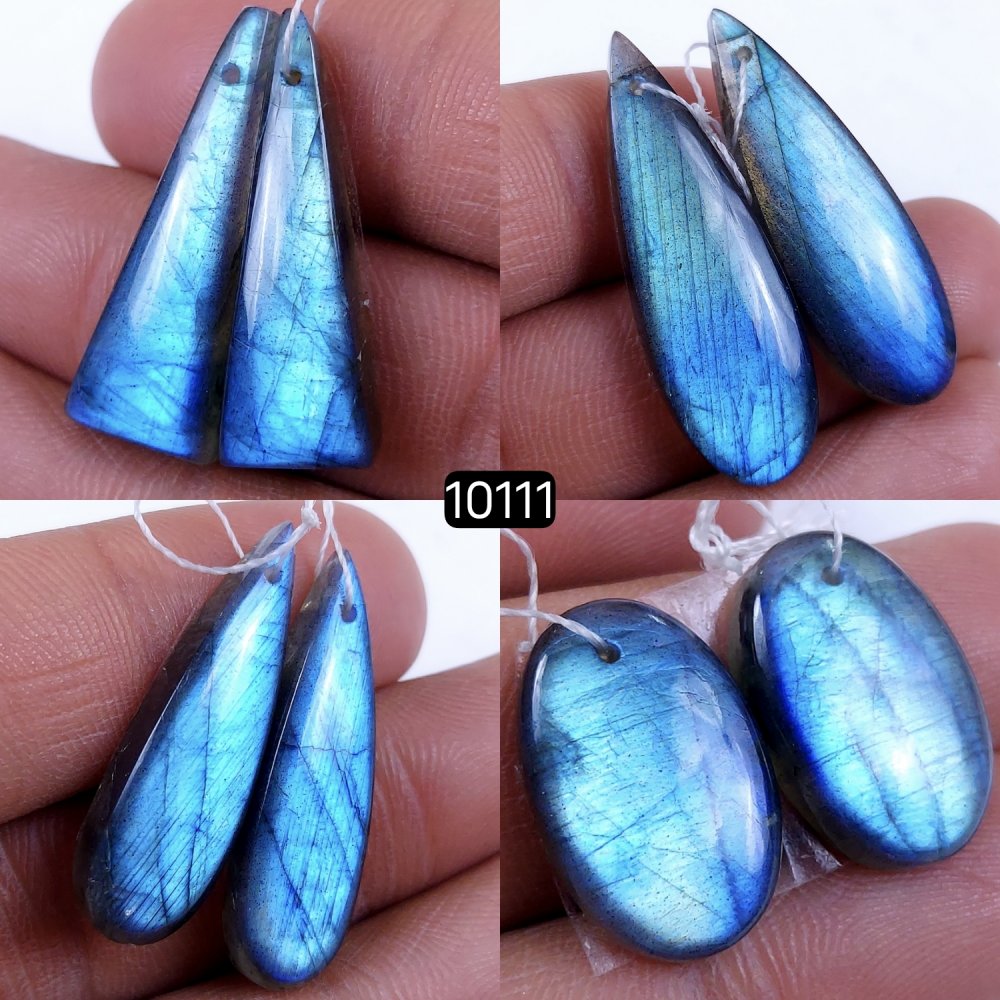 4Pair 104Cts Natural Labradorite Blue Fire  Dangle Drop Earrings Semi Precious Crystal For Hoop Earrings Blue Gemstone Cabochon Matching pair 35x12 20x12mm #10111