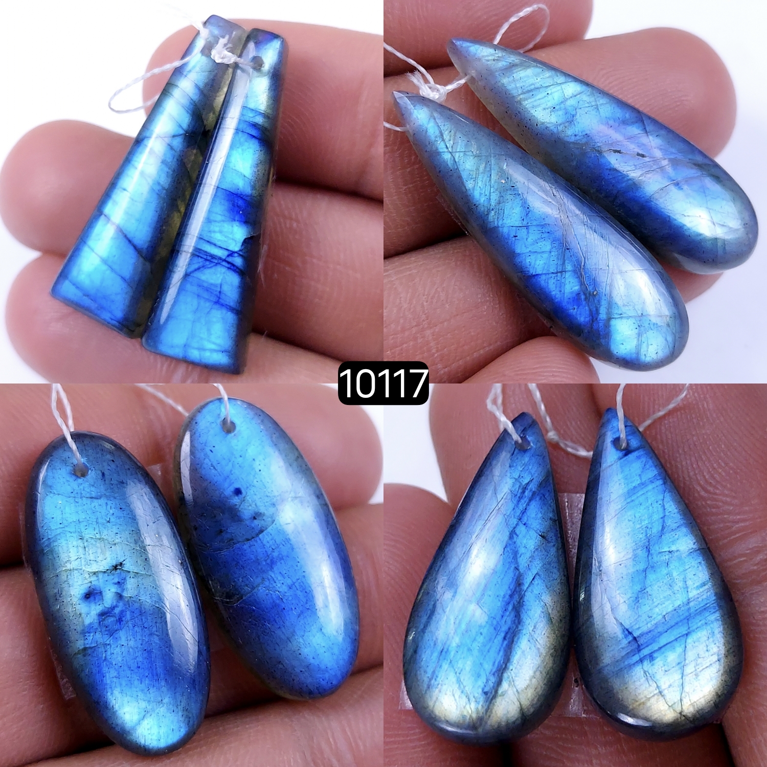 4Pair 134Cts Natural Labradorite Blue Fire Dangle Drop Earrings Semi Precious Crystal For Hoop Earrings Blue Gemstone Cabochon Matching pair 34x10 26x12mm #10117