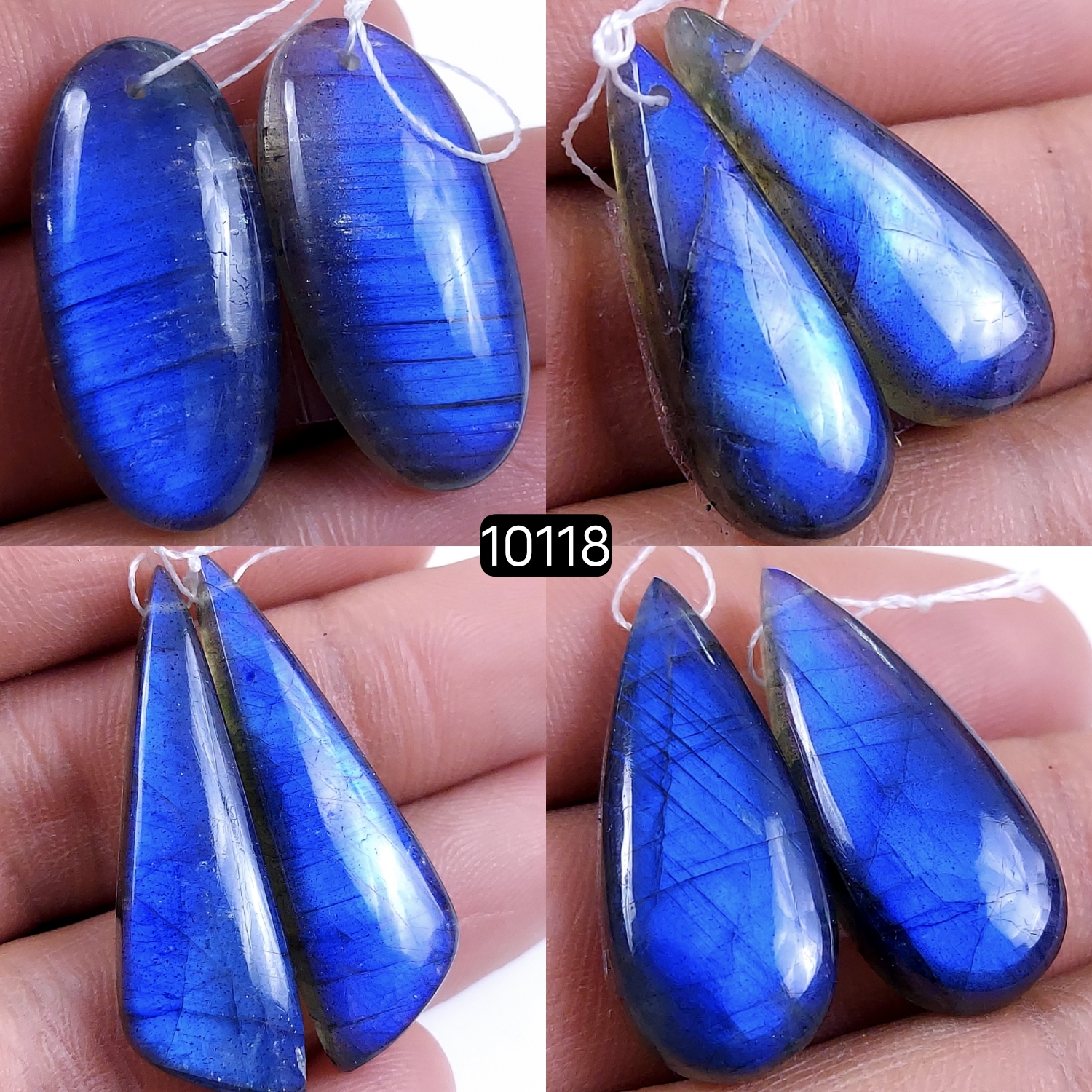 4Pair 138Cts Natural Labradorite Blue Fire  Dangle Drop Earrings Semi Precious Crystal For Hoop Earrings Blue Gemstone Cabochon Matching pair 38x12 26x10mm #10118