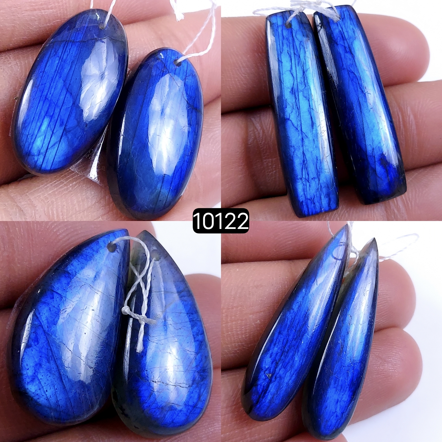 4Pair 150Cts Natural Labradorite Blue Fire Dangle Drop Earrings Semi Precious Crystal For Hoop Earrings Blue Gemstone Cabochon Matching pair 38x10 26x12mm #10122