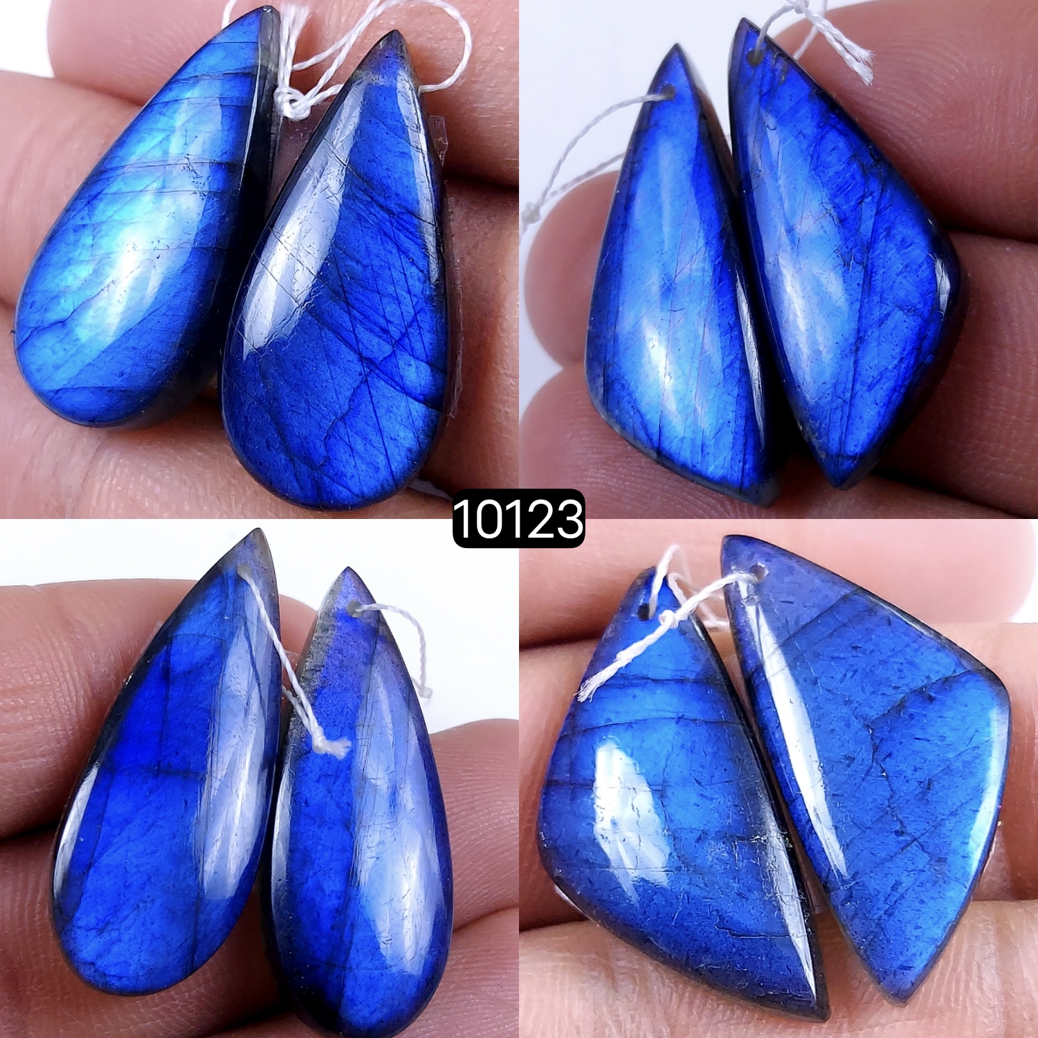 4Pair 136Cts Natural Labradorite Blue Fire Dangle Drop Earrings Semi Precious Crystal For Hoop Earrings Blue Gemstone Cabochon Matching pair 35x12 26x12mm #10123
