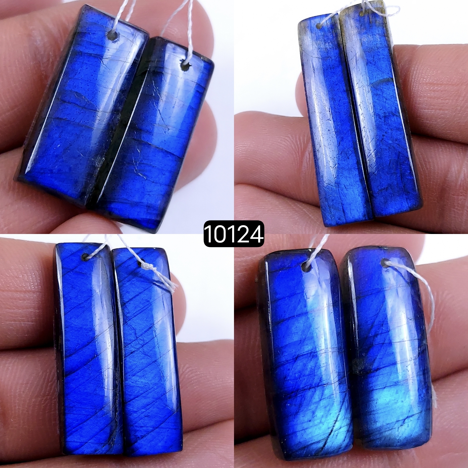 4Pair 143Cts Natural Labradorite Blue Fire Dangle Drop Earrings Semi Precious Crystal For Hoop Earrings Blue Gemstone Cabochon Matching pair 40x9 25x10mm #10124