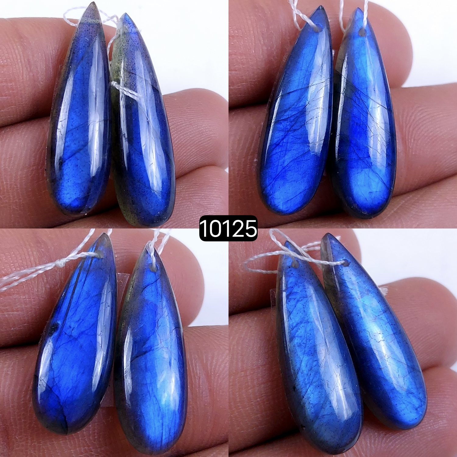 4Pair 92Cts Natural Labradorite Blue Fire Dangle Drop Earrings Semi Precious Crystal For Hoop Earrings Blue Gemstone Cabochon Matching pair 35x9 28x10mm #10125