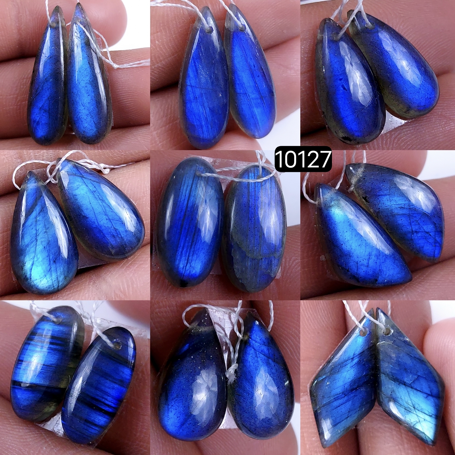9Pair 146Cts Natural Labradorite Blue Fire Dangle Drop Earrings Semi Precious Crystal For Hoop Earrings Blue Gemstone Cabochon Matching pair 27x7 18x14mm #10127