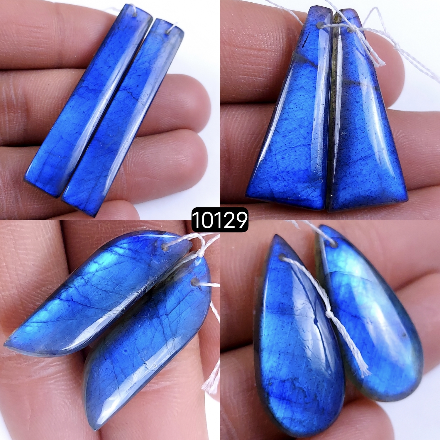 4Pair 134Cts Natural Labradorite Blue Fire Dangle Drop Earrings Semi Precious Crystal For Hoop Earrings Blue Gemstone Cabochon Matching pair 40x10 26x9mm #10129