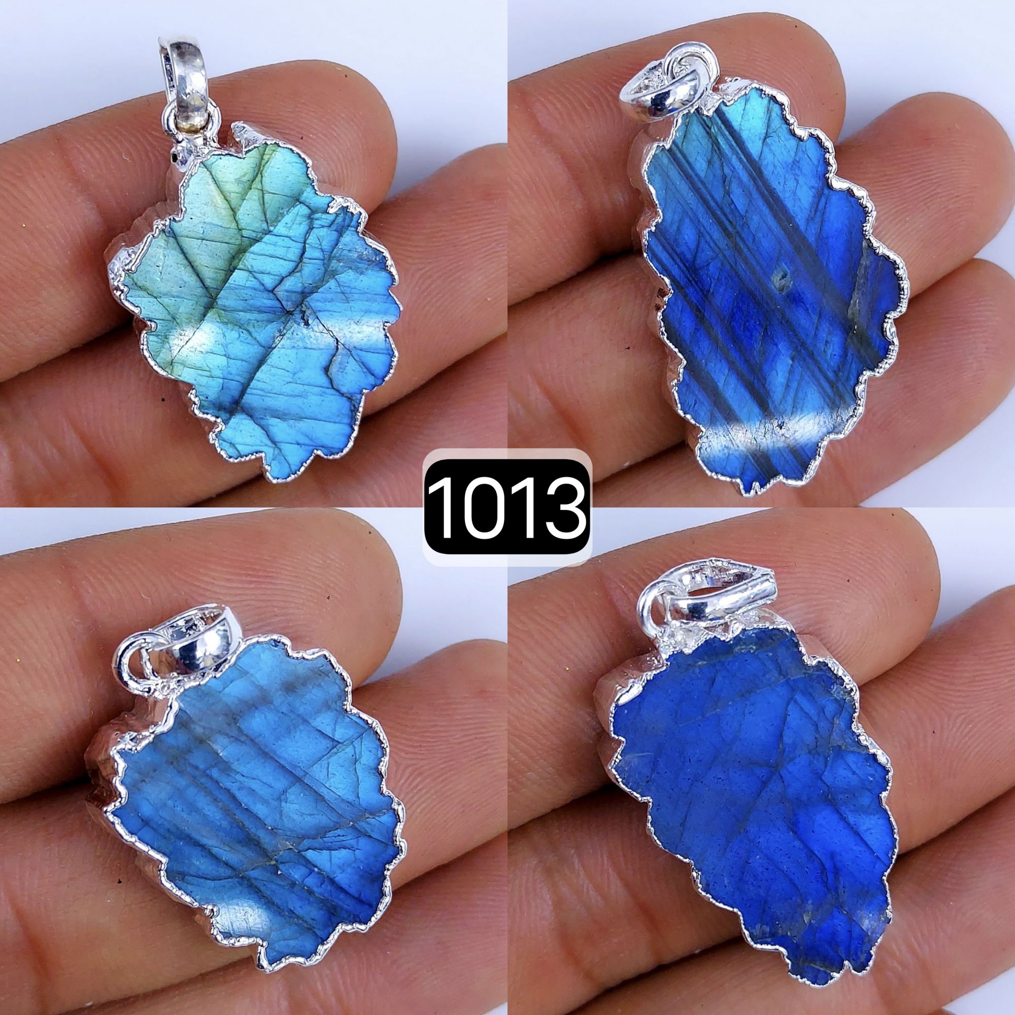 153Cts Natural Blue Labradorite Silver Electroplated Slice Pendant 32x18 22x12mm#1013