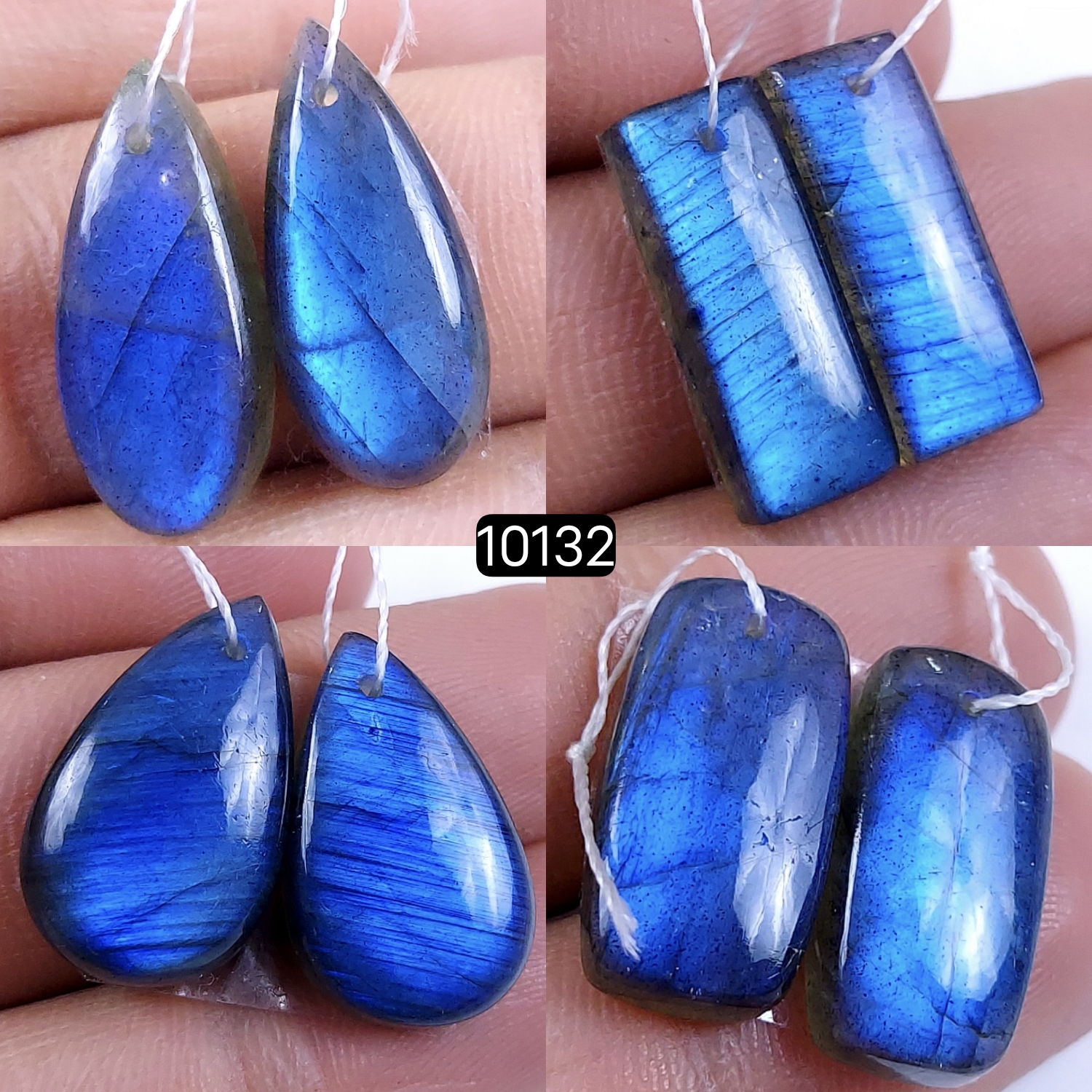 4Pair 84Cts Natural Labradorite Blue Fire Dangle Drop Earrings Semi Precious Crystal For Hoop Earrings Blue Gemstone Cabochon Matching pair 20x8 19x8mm #10132