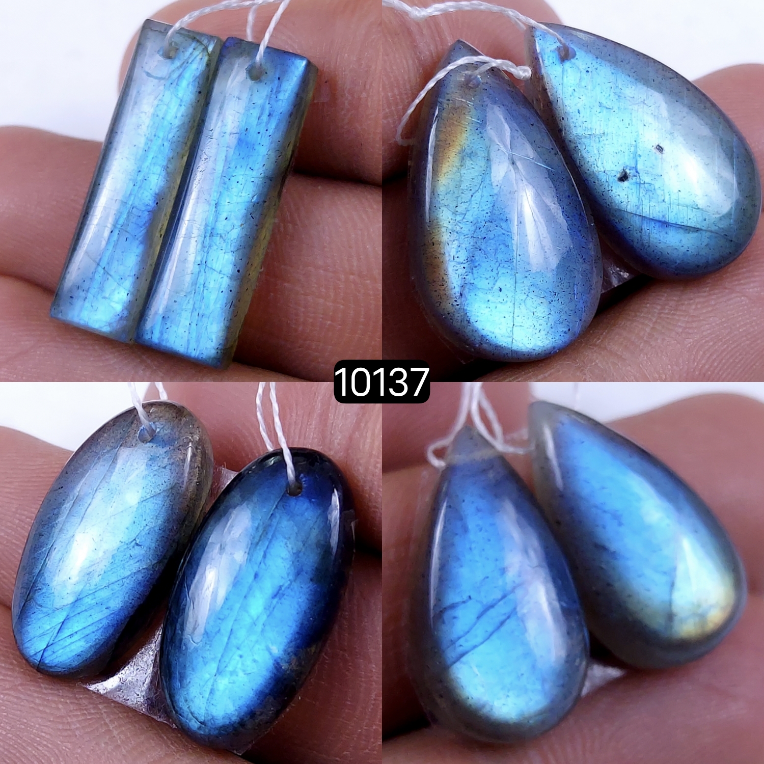 4Pair 94Cts Natural Labradorite Blue Fire Dangle Drop Earrings Semi Precious Crystal For Hoop Earrings Blue Gemstone Cabochon Matching pair 25x14 20x10mm #10137