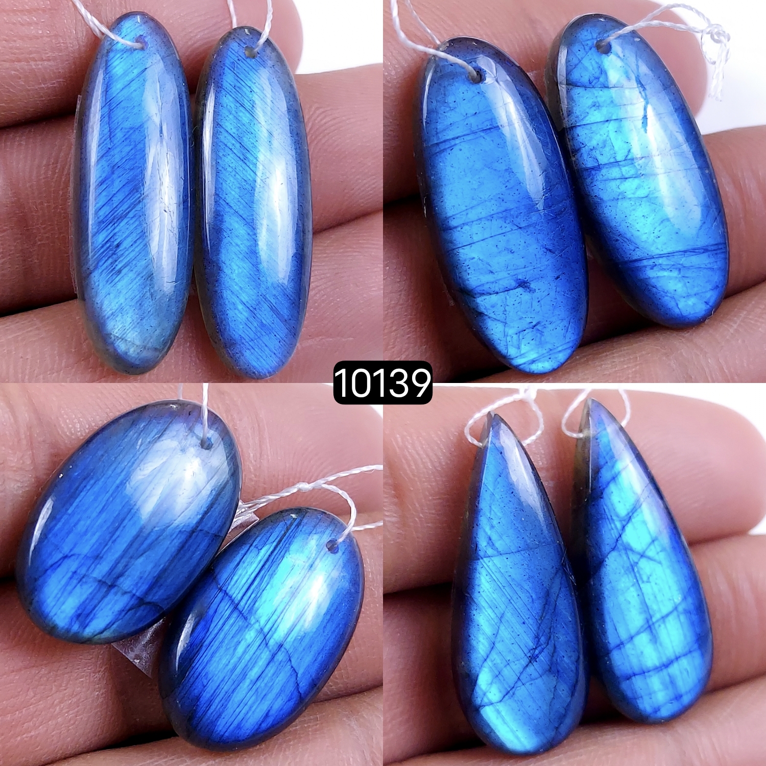 4Pair 154Cts Natural Labradorite Blue Fire Dangle Drop Earrings Semi Precious Crystal For Hoop Earrings Blue Gemstone Cabochon Matching pair 32x12 26x14mm #10139