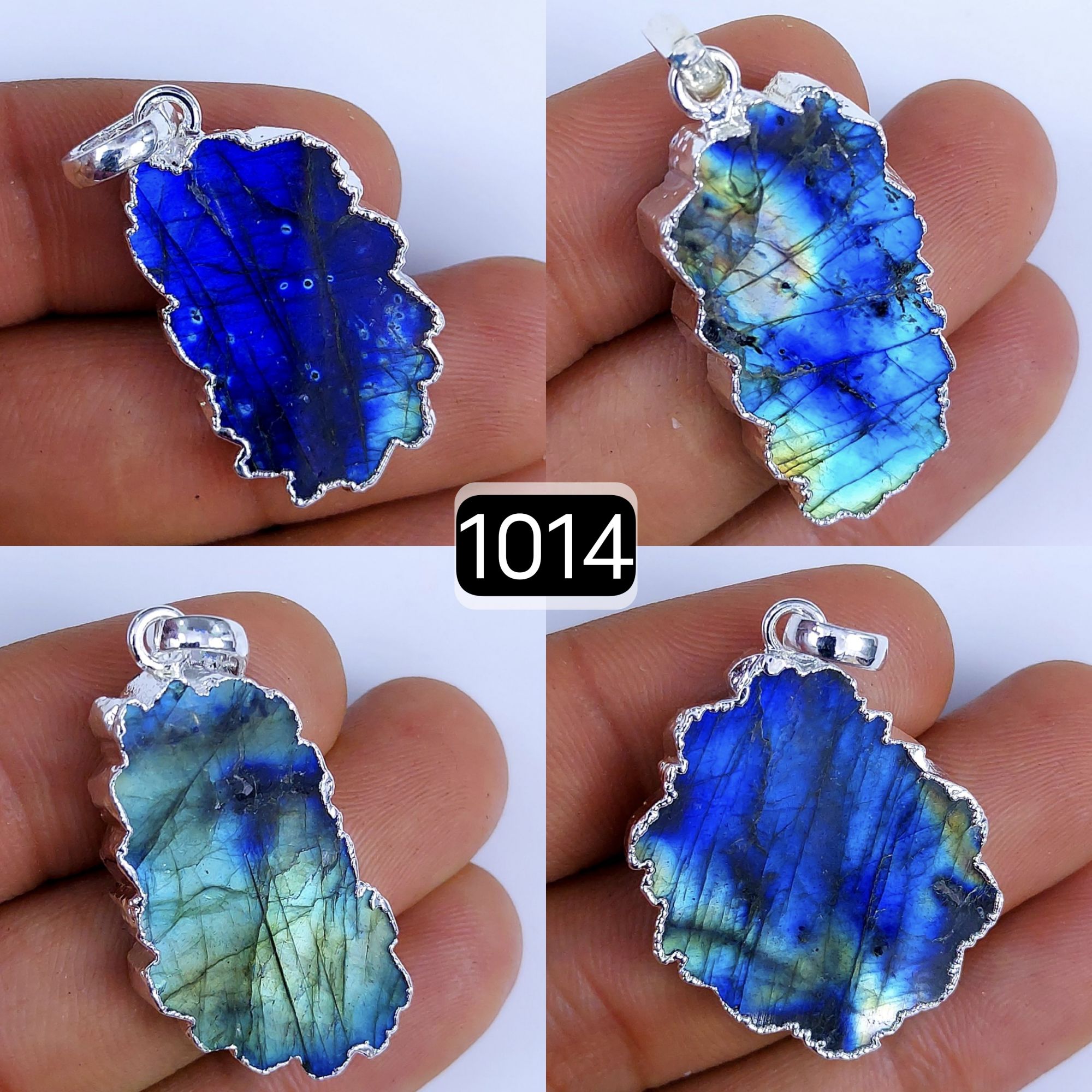 140Cts Natural Blue Labradorite Silver Electroplated Slice Pendant 32x18 22x12mm#1014