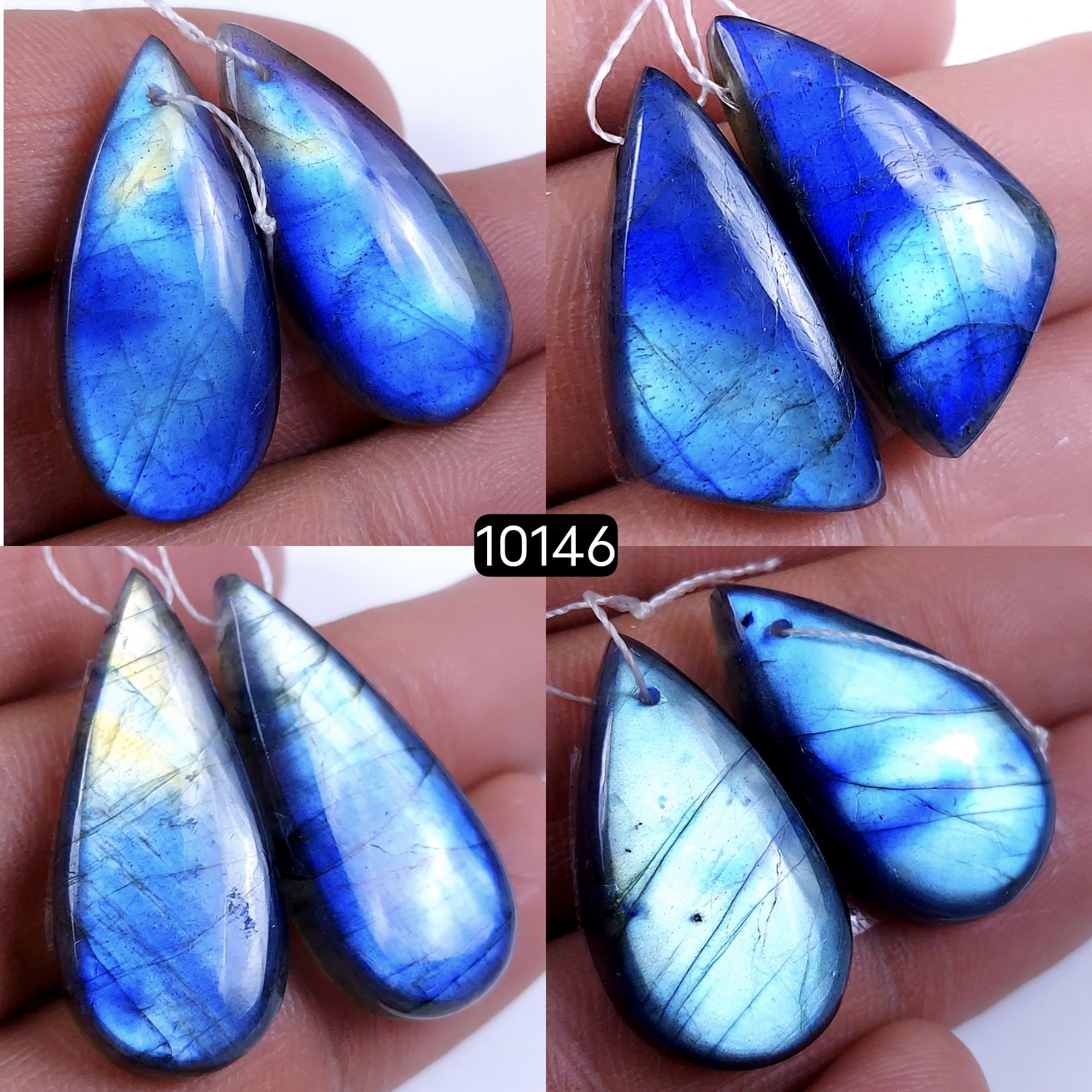 4Pair 138Cts Natural Labradorite Blue Fire Dangle Drop Earrings Semi Precious Crystal For Hoop Earrings Blue Gemstone Cabochon Matching pair 32x14 26x15mm #10146