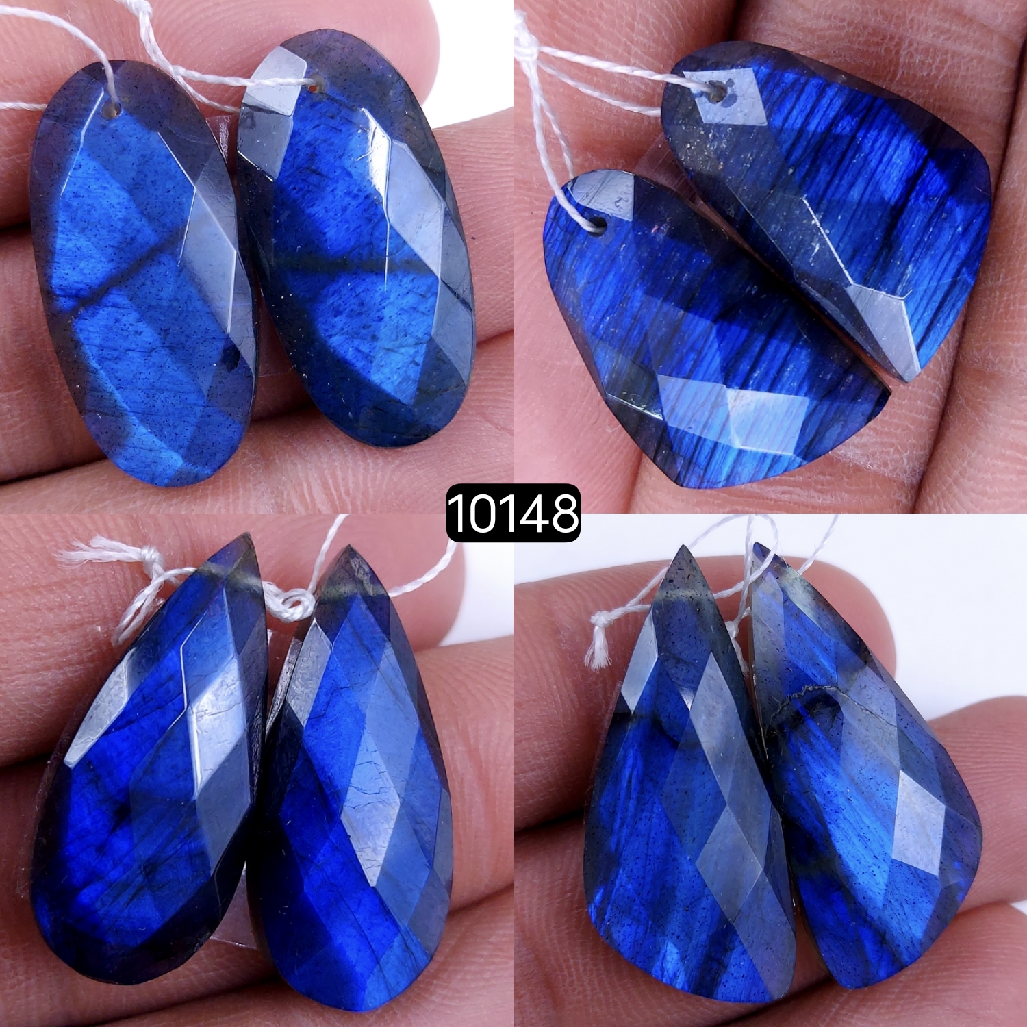 4Pair 124Cts Natural Labradorite Blue Fire  Dangle Drop Earrings Semi Precious Crystal For Hoop Earrings Blue Gemstone Cabochon Matching pair 32x14 20x12mm #10148