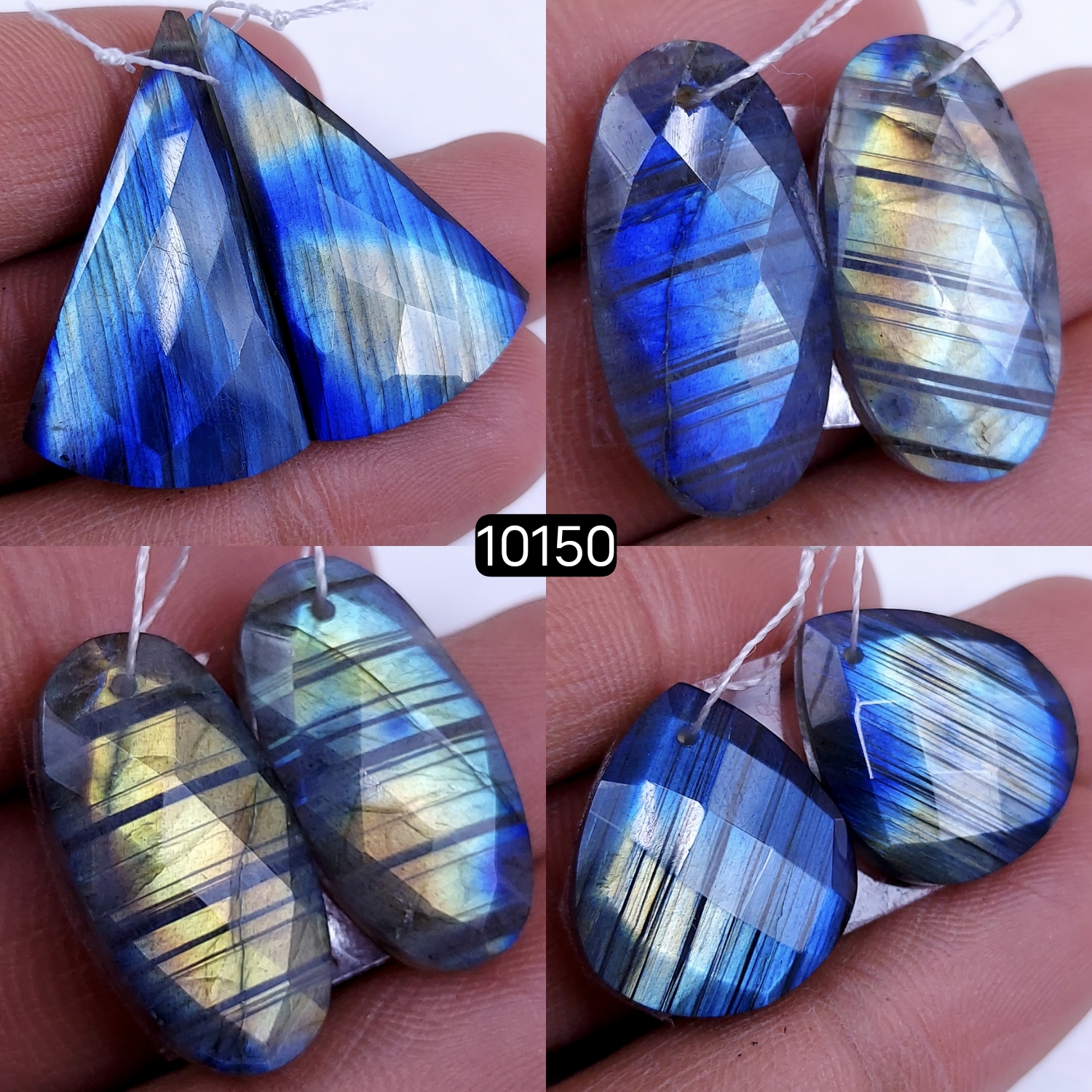 4Pair 122Cts Natural Labradorite Blue Fire Dangle Drop Earrings Semi Precious Crystal For Hoop Earrings Blue Gemstone Cabochon Matching pair 34x20 20x15mm #10150