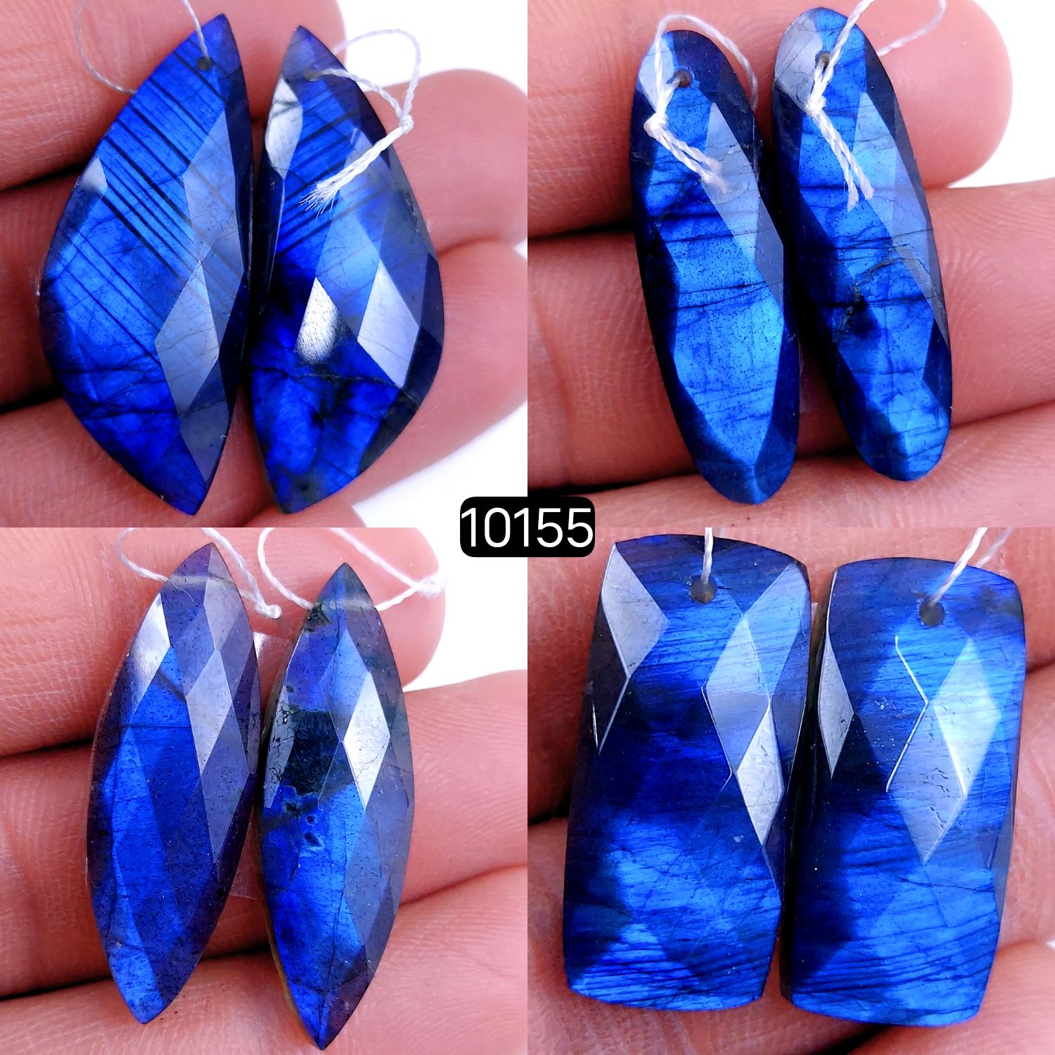 4Pair 130Cts Natural Labradorite Blue Fire Dangle Drop Earrings Semi Precious Crystal For Hoop Earrings Blue Gemstone Cabochon Matching pair 36x14 24x12mm #10155