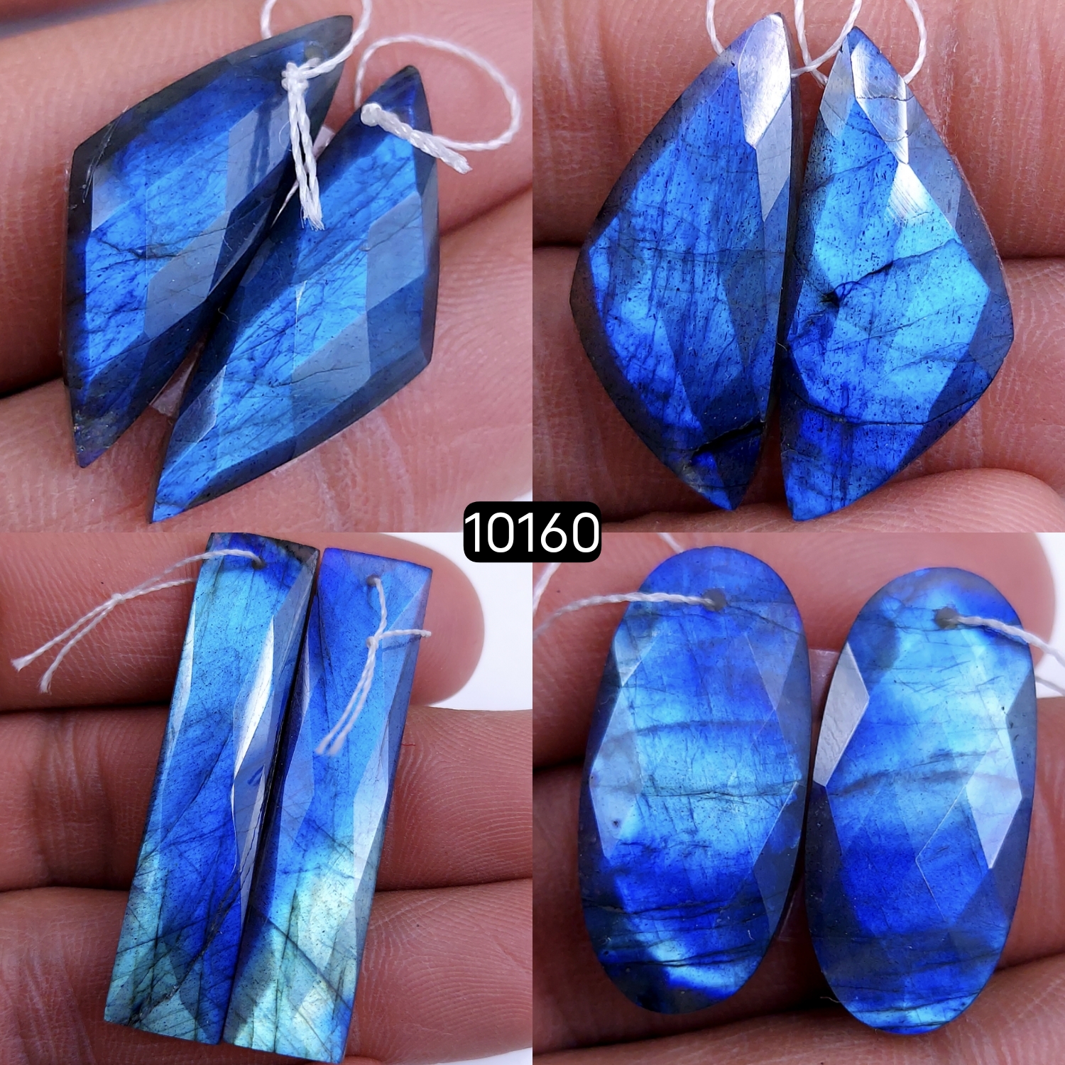 4Pair 123Cts Natural Labradorite Blue Fire Dangle Drop Earrings Semi Precious Crystal For Hoop Earrings Blue Gemstone Cabochon Matching pair 42x10 28x12mm #10160