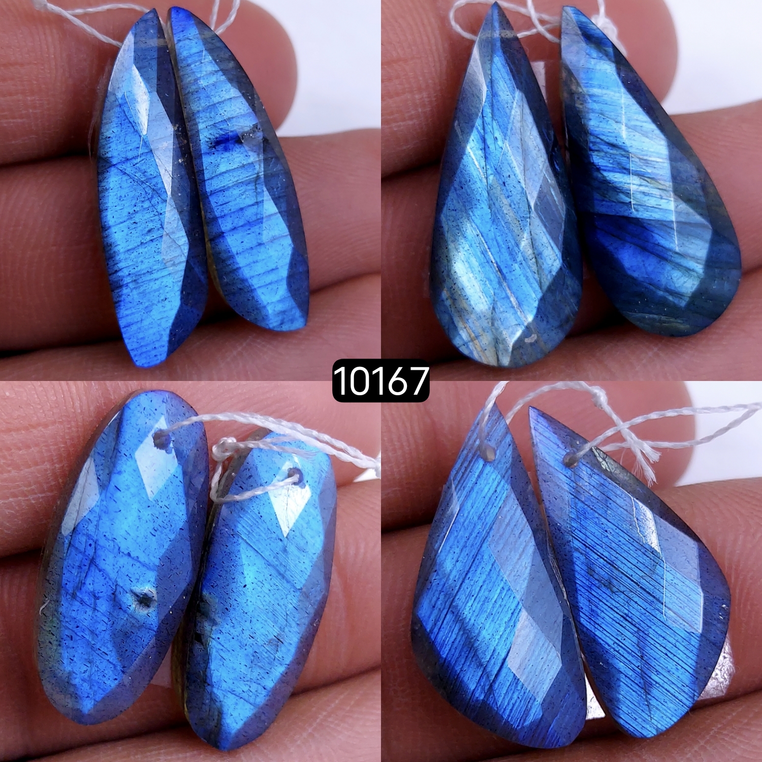 4Pair 95Cts Natural Labradorite Blue Fire Dangle Drop Earrings Semi Precious Crystal For Hoop Earrings Blue Gemstone Cabochon Matching pair 30x9 24x10mm #10167
