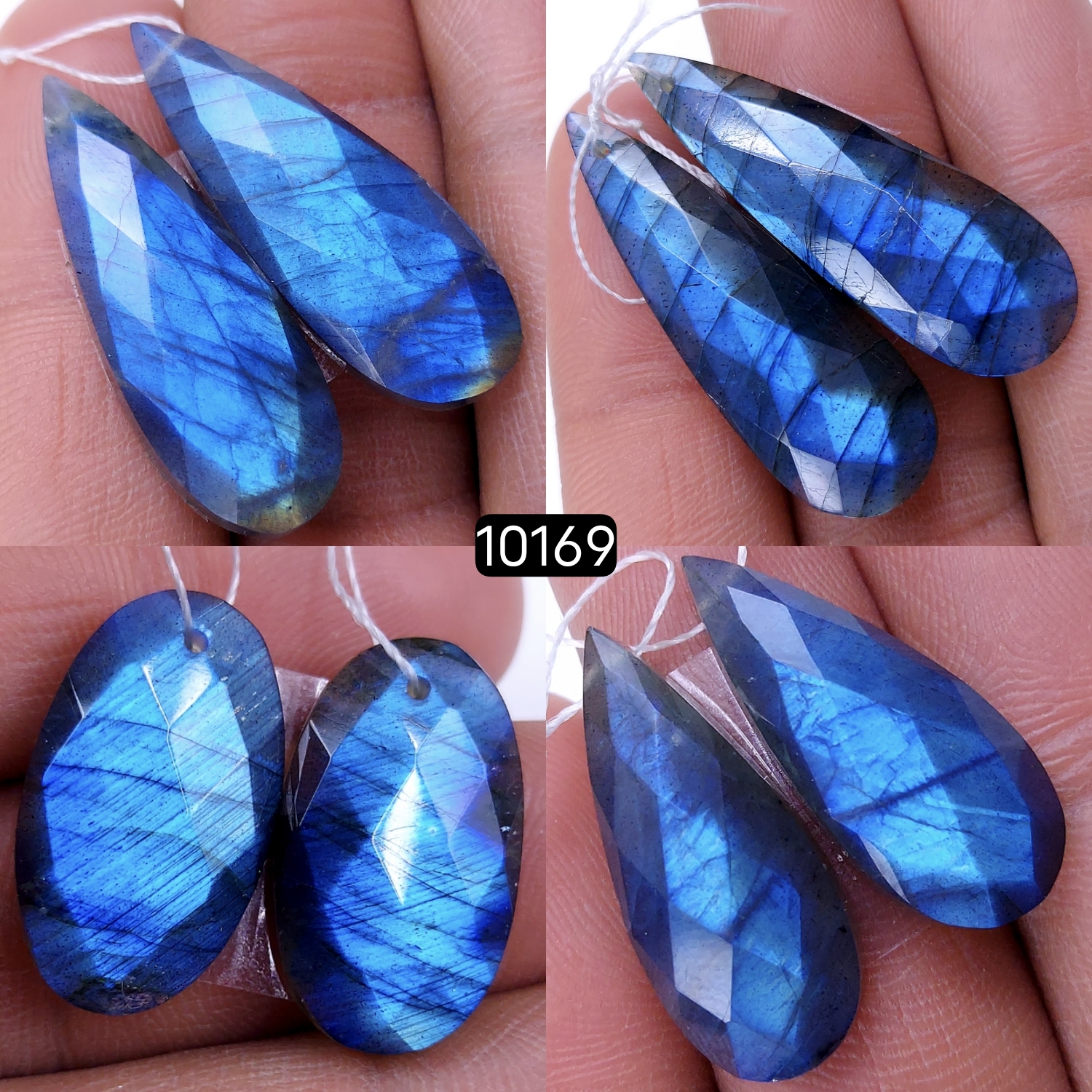 4Pair 122Cts Natural Labradorite Blue Fire Dangle Drop Earrings Semi Precious Crystal For Hoop Earrings Blue Gemstone Cabochon Matching pair 38x12 24x10mm #10169