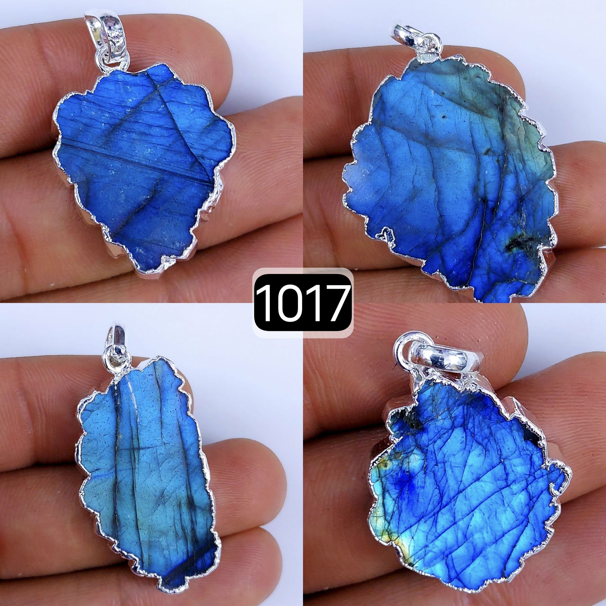 170Cts Natural Blue Labradorite Silver Electroplated Slice Pendant 32x18 22x12mm#1017