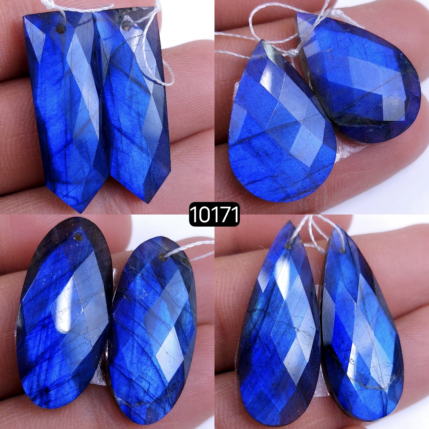 4Pair 136Cts Natural Labradorite Blue Fire Dangle Drop Earrings Semi Precious Crystal For Hoop Earrings Blue Gemstone Cabochon Matching pair 32x12 25x14mm #10171