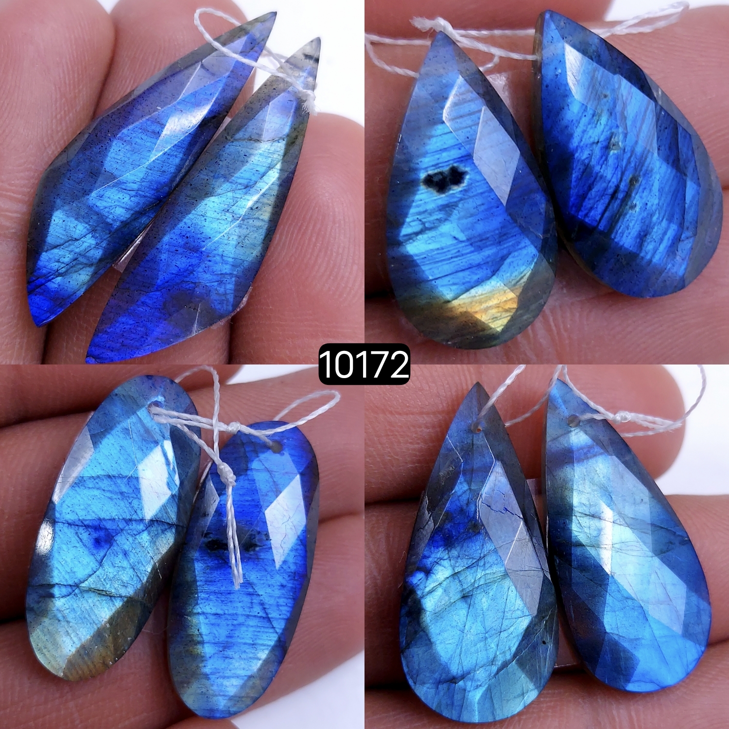 4Pair 117Cts Natural Labradorite Blue Fire Dangle Drop Earrings Semi Precious Crystal For Hoop Earrings Blue Gemstone Cabochon Matching pair 36x18 14x9mm #10172