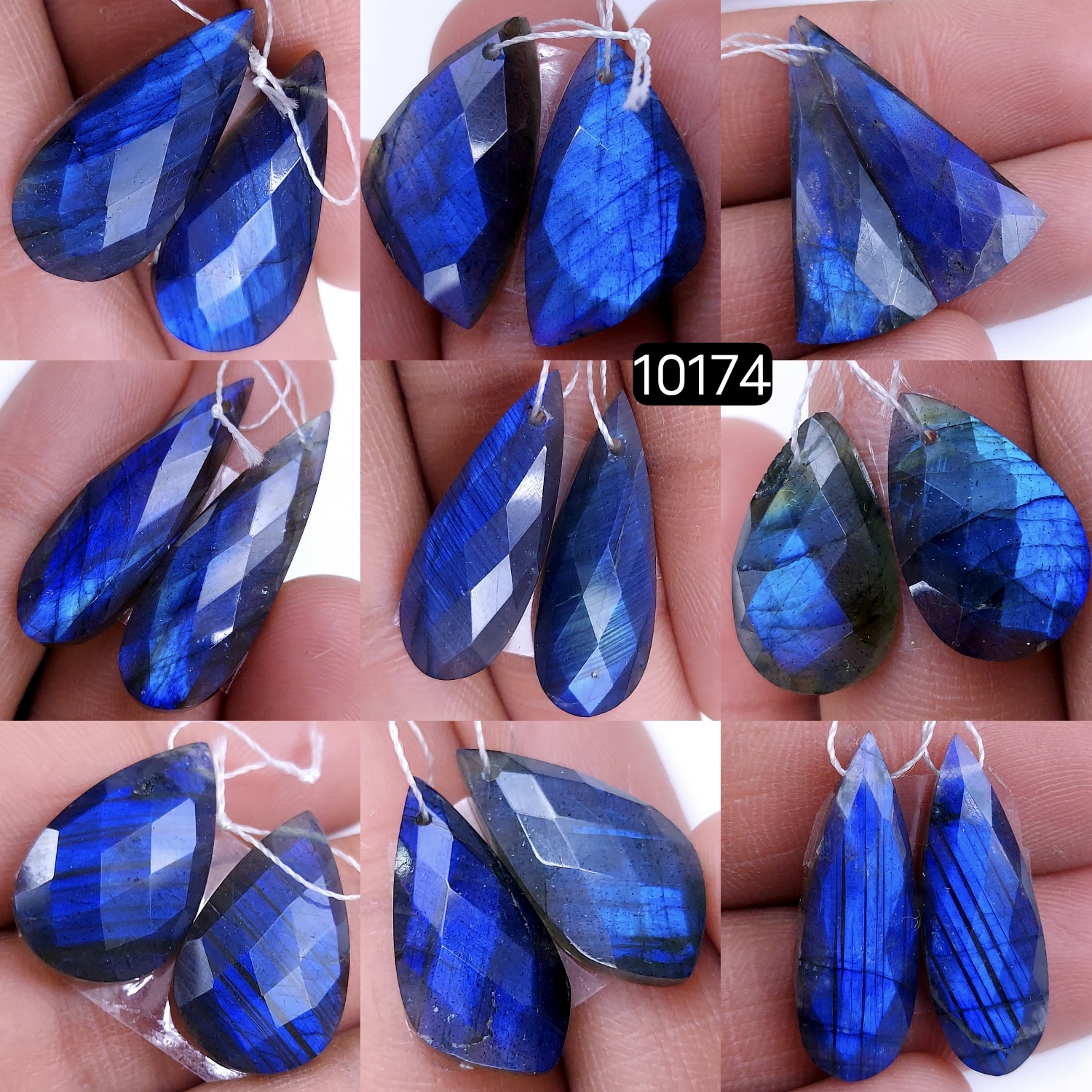 9Pair 187Cts Natural Labradorite Blue Fire Dangle Drop Earrings Semi Precious Crystal For Hoop Earrings Blue Gemstone Cabochon Matching pair 32x12 20x12mm #10174