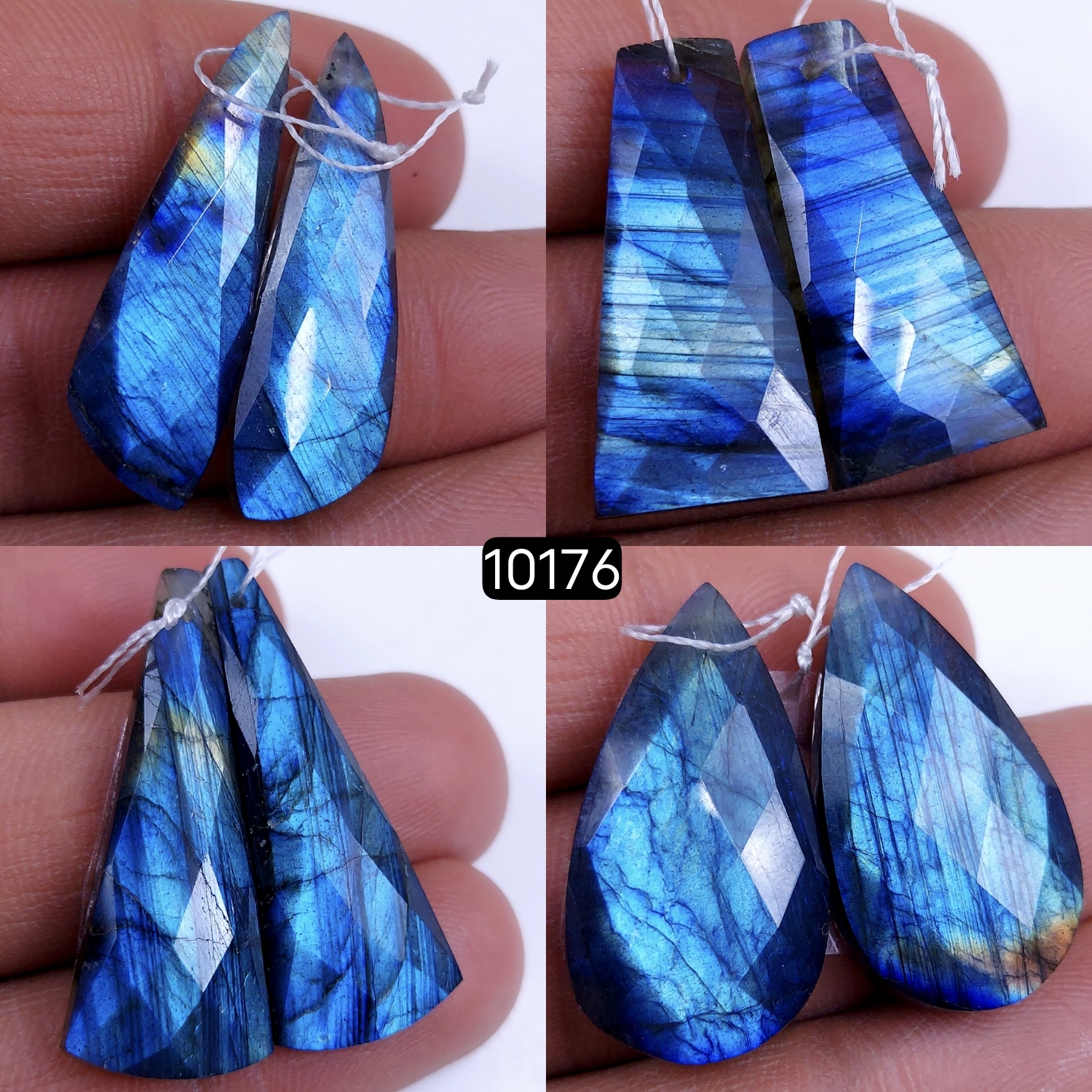 4Pair 132Cts Natural Labradorite Blue Fire Dangle Drop Earrings Semi Precious Crystal For Hoop Earrings Blue Gemstone Cabochon Matching pair 34x12 26x11mm #10176