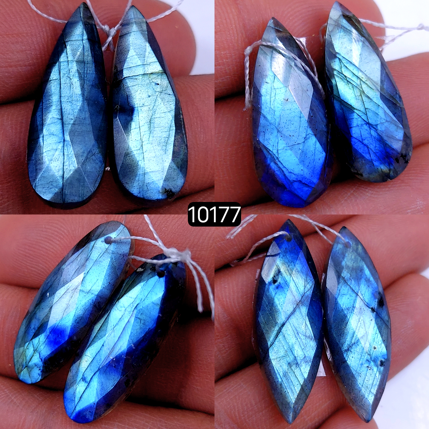 4Pair 115Cts Natural Labradorite Blue Fire Dangle Drop Earrings Semi Precious Crystal For Hoop Earrings Blue Gemstone Cabochon Matching pair 34x10 26x10mm #10177