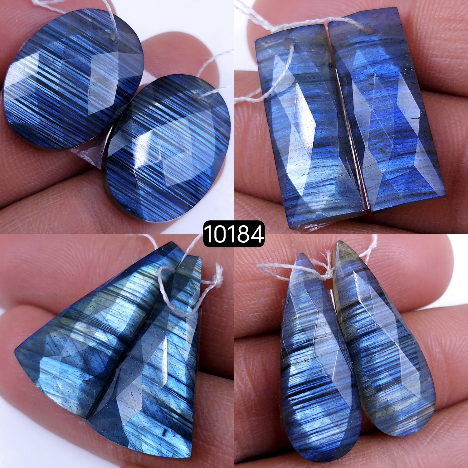 4Pair 126Cts Natural Labradorite Blue Fire Dangle Drop Earrings Semi Precious Crystal For Hoop Earrings Blue Gemstone Cabochon Matching pair 29x10 24x8mm #10184