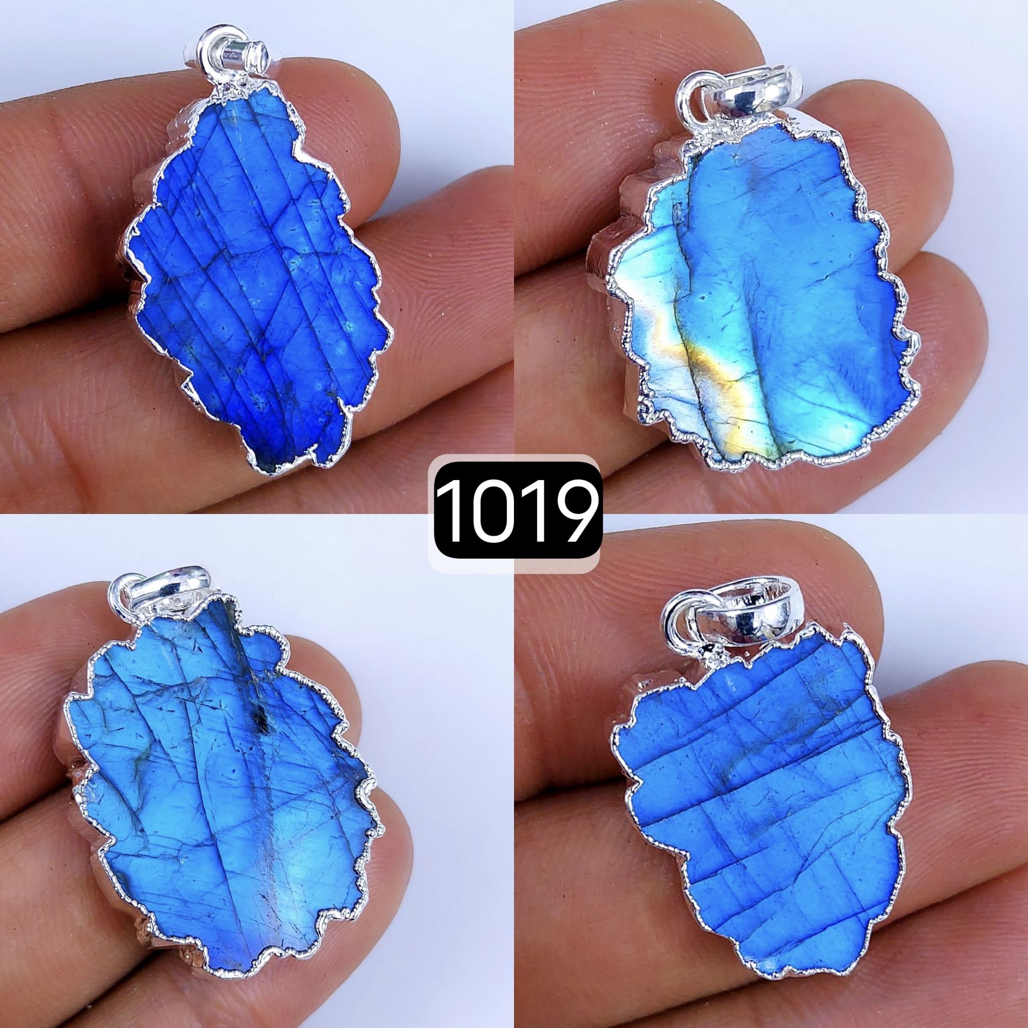 152Cts Natural Blue Labradorite Silver Electroplated Slice Pendant 32x18 22x12mm#1019
