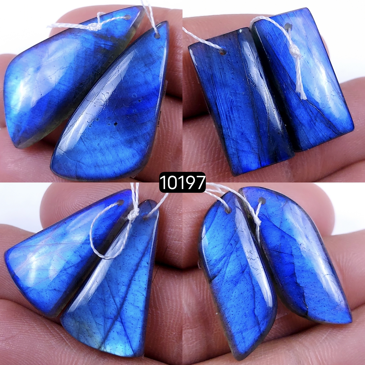 4Pair 124Cts Natural Labradorite Blue Fire Dangle Drop Earrings Semi Precious Crystal For Hoop Earrings Blue Gemstone Cabochon Matching pair 36x16 22x10mm #10197
