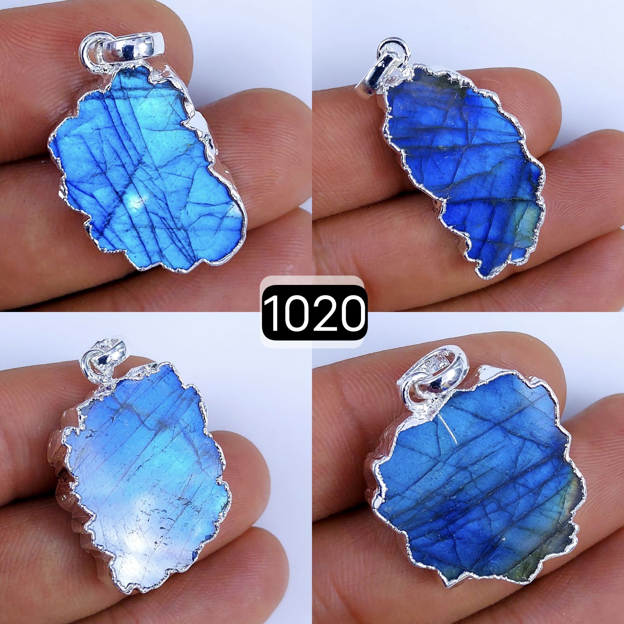 137Cts Natural Blue Labradorite Silver Electroplated Slice Pendant 32x18 22x12mm#1020