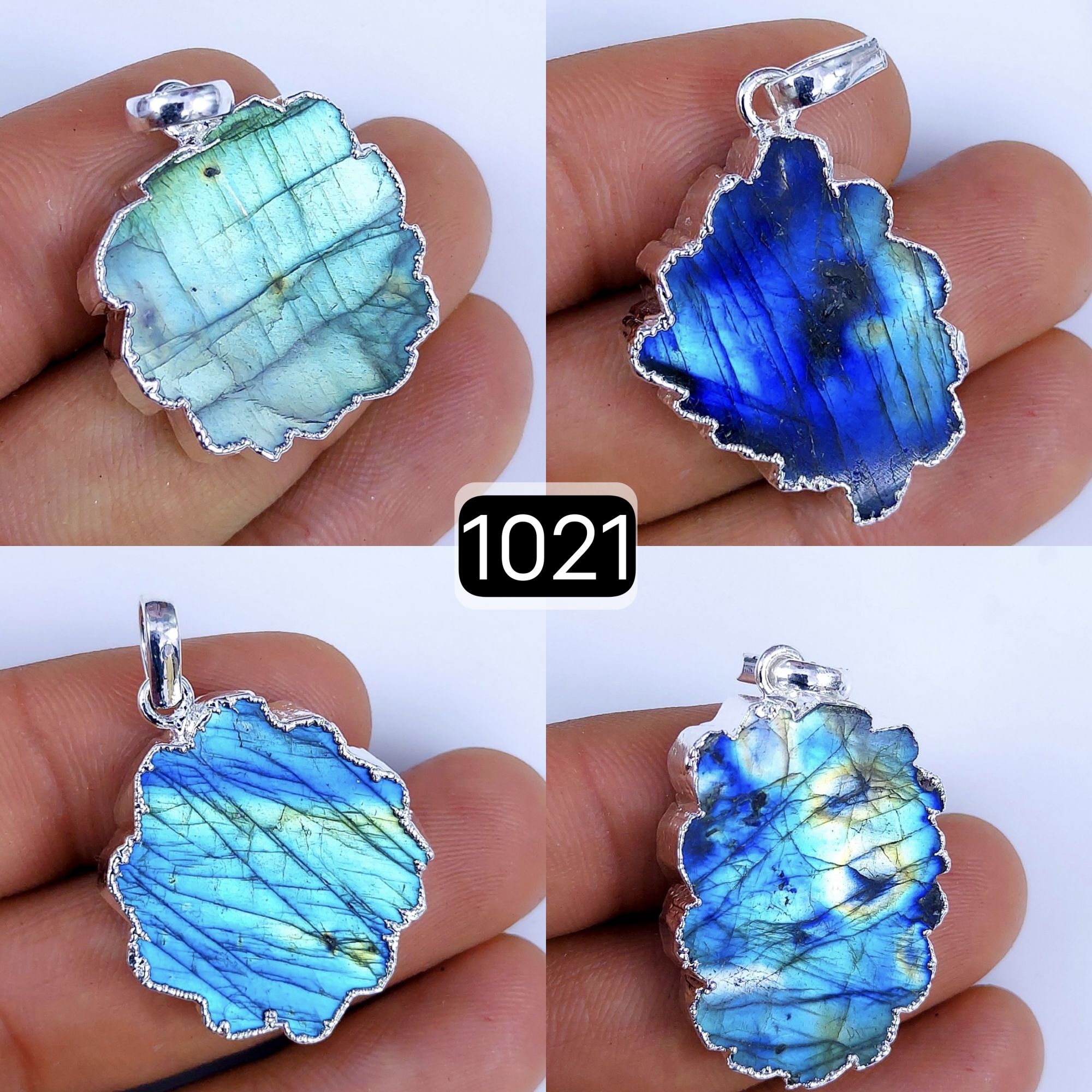 147Cts Natural Blue Labradorite Silver Electroplated Slice Pendant 32x18 22x12mm#1021
