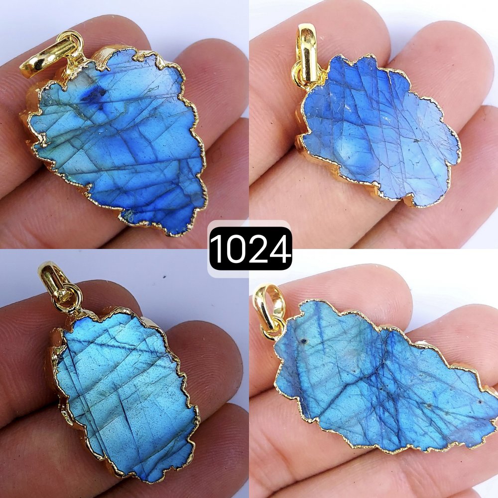 171Cts Natural Blue Labradorite Gold Electroplated Slice Pendant 32x18 22x12mm#1024