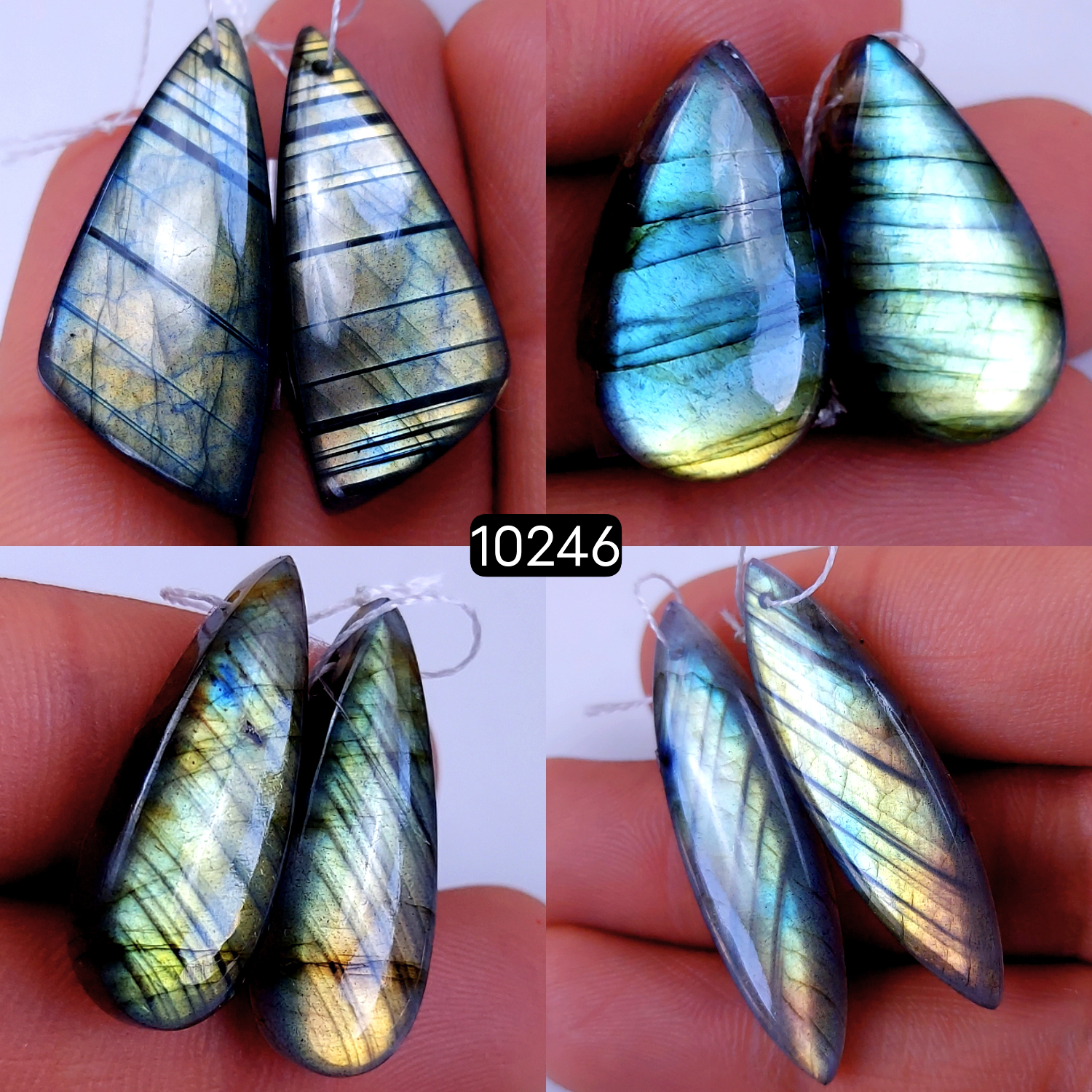 4Pair 132Cts Natural Labradorite Crystal Drill Dangle Drop Earring Pairs Silver Earrings Blue Labradorite Hoop Jewelry  40x10 22x12mm #10246