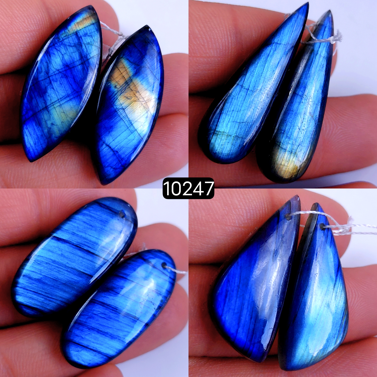 4Pair 180Cts Natural Labradorite Crystal Drill Dangle Drop Earring Pairs Silver Earrings Blue Labradorite Hoop Jewelry  36x14 32x12mm #10247