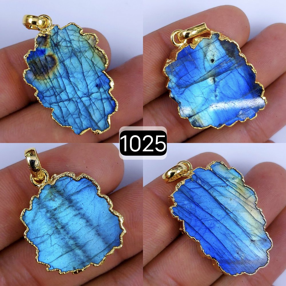 166Cts Natural Blue Labradorite Gold Electroplated Slice Pendant 32x18 22x12mm#1025