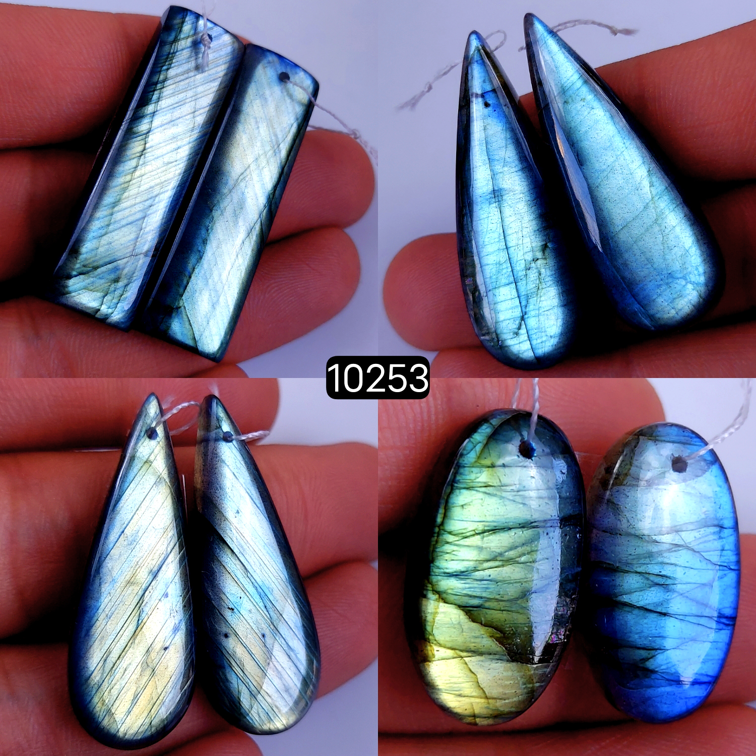 4Pair 210Cts Natural Labradorite Crystal Drill Dangle Drop Earring Pairs Silver Earrings Blue Labradorite Hoop Jewelry  40x12 25x12mm #10253