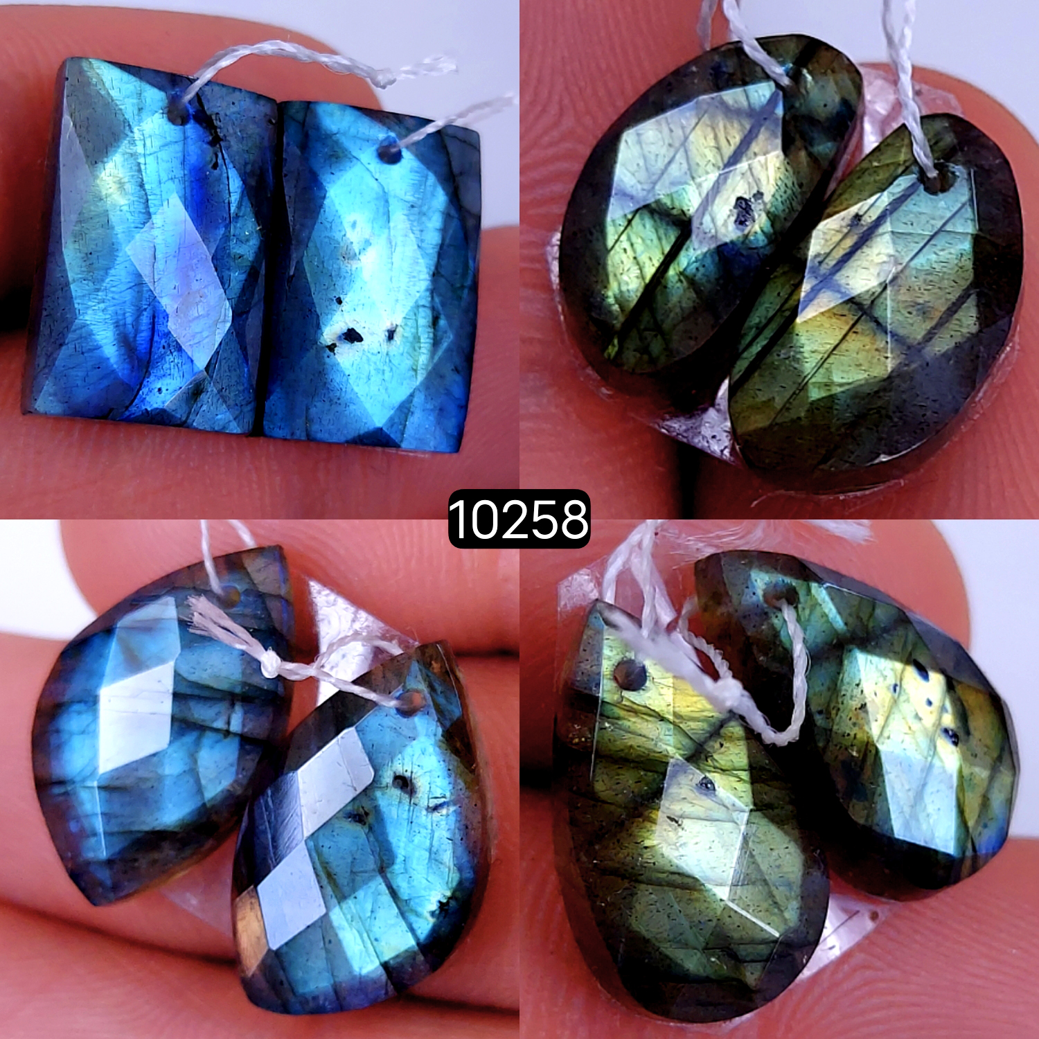 4Pair 62Cts Natural Labradorite Faceted Crystal Drill Dangle Drop Earring Pairs Silver Earrings Rose cut Labradorite Hoop Jewelry  17x11 14x8mm #10258