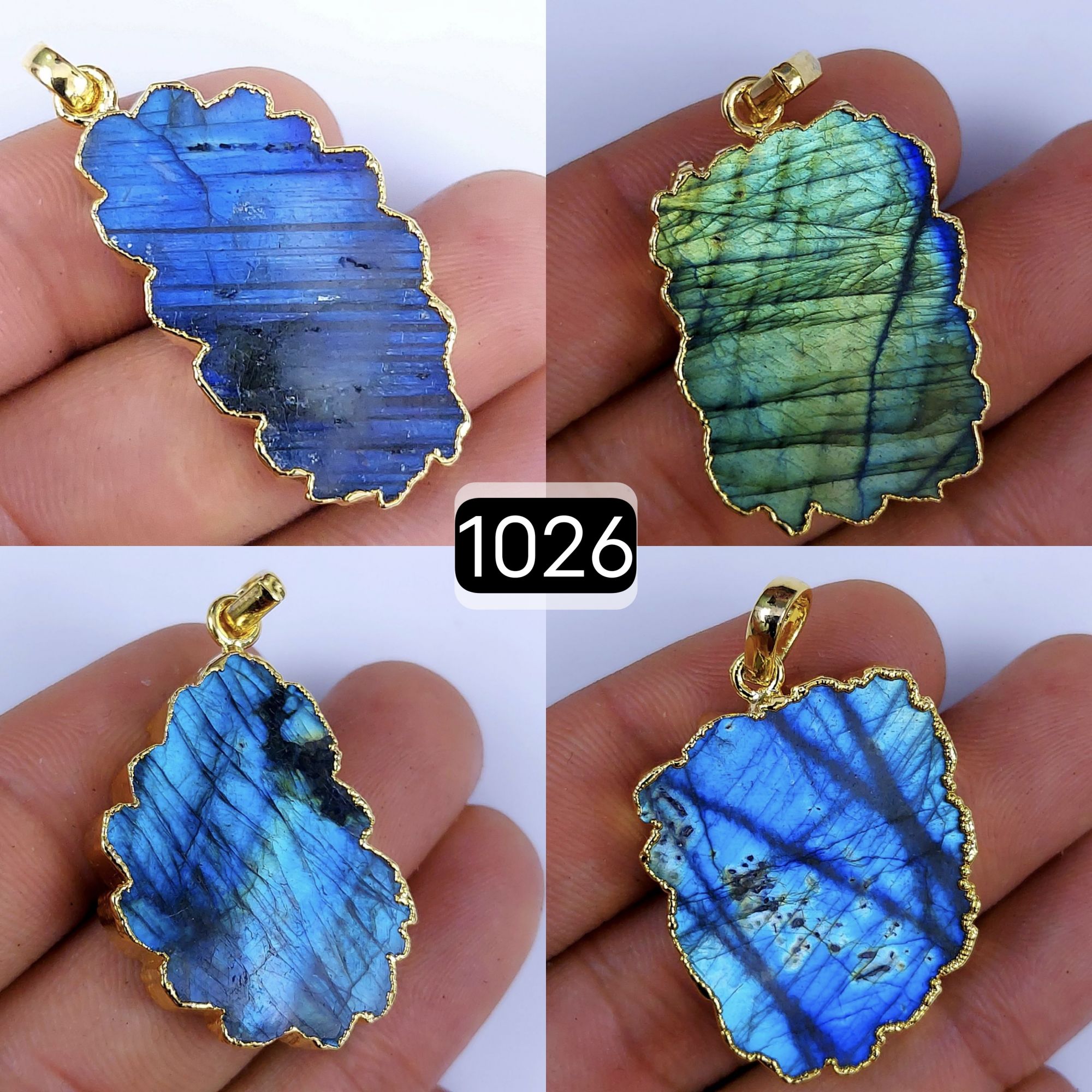 179Cts Natural Blue Labradorite Gold Electroplated Slice Pendant 32x18 22x12mm#1026