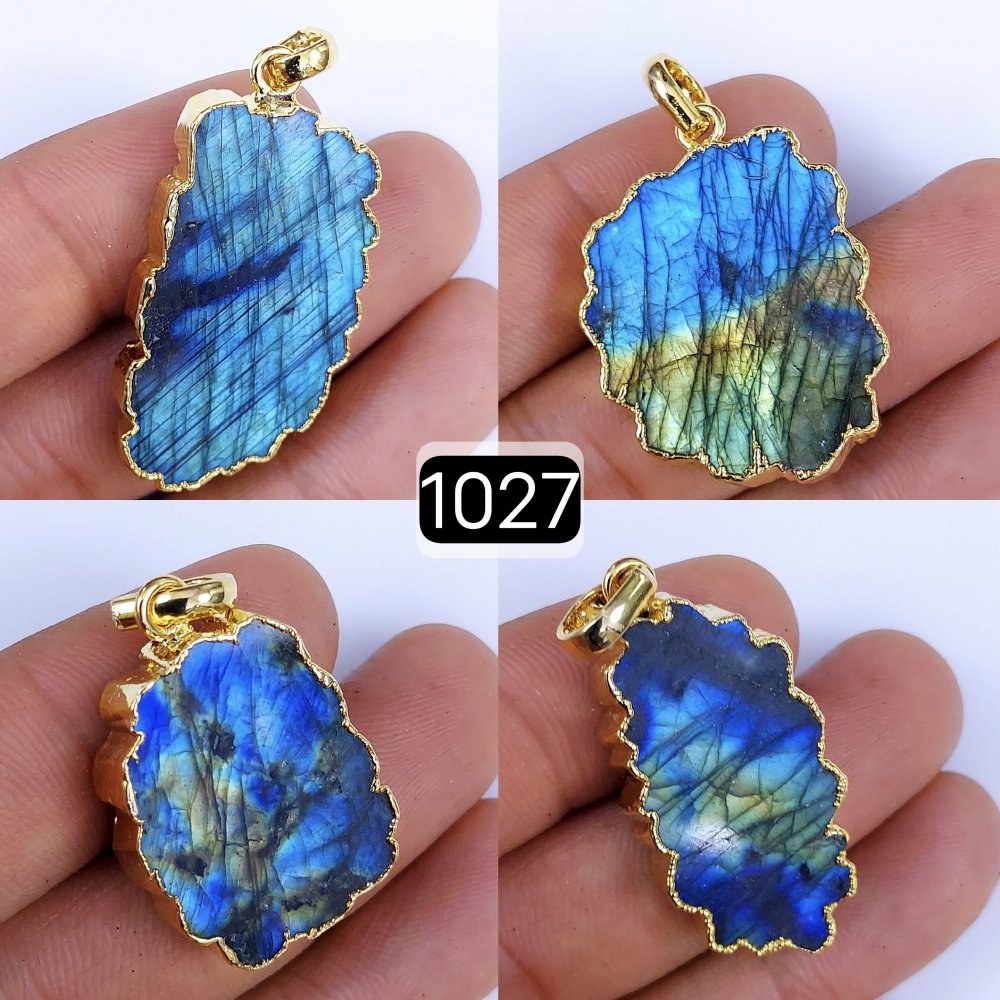 154Cts Natural Blue Labradorite Gold Electroplated Slice Pendant 32x18 22x12mm#1027