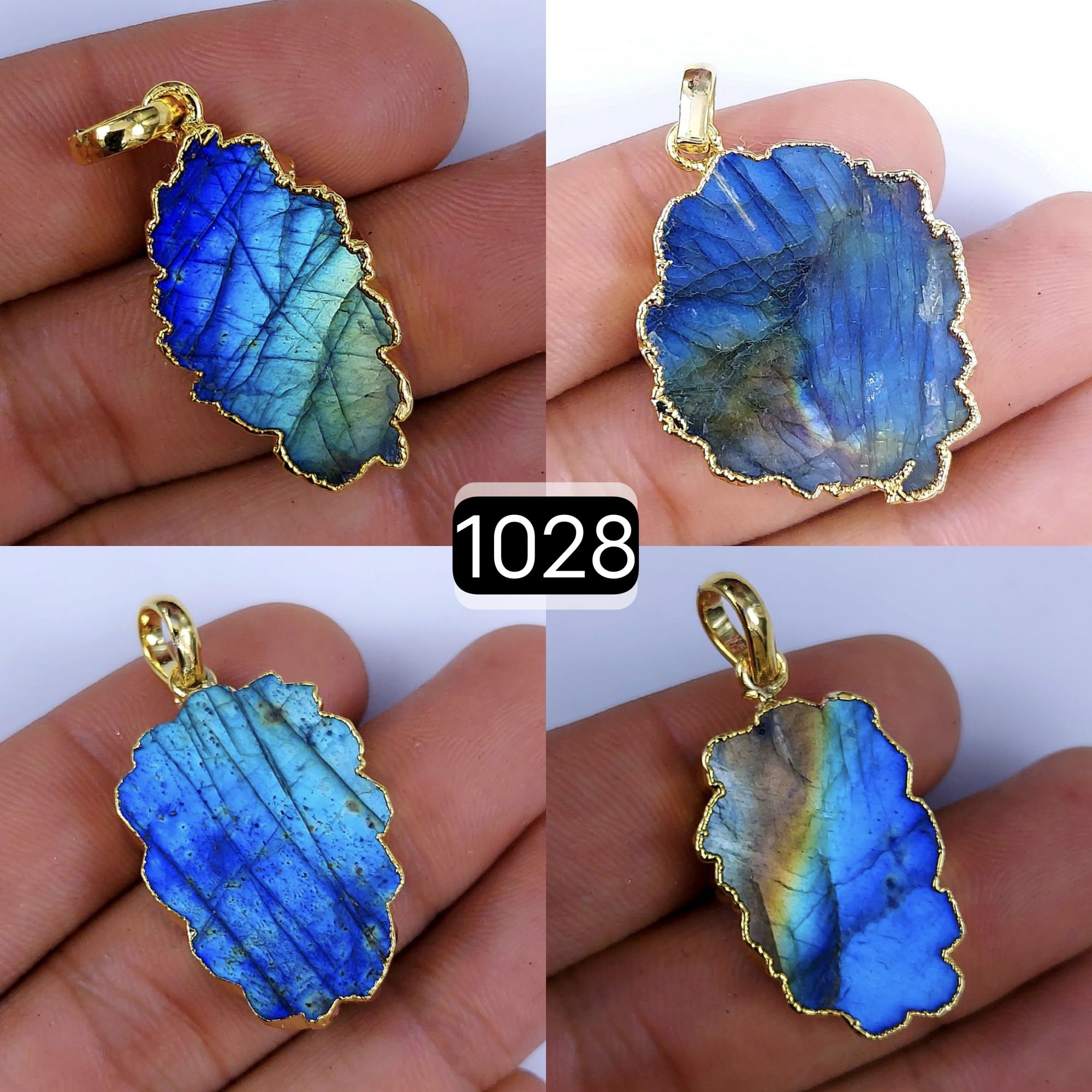 138Cts Natural Blue Labradorite Gold Electroplated Slice Pendant 32x18 22x12mm#1028
