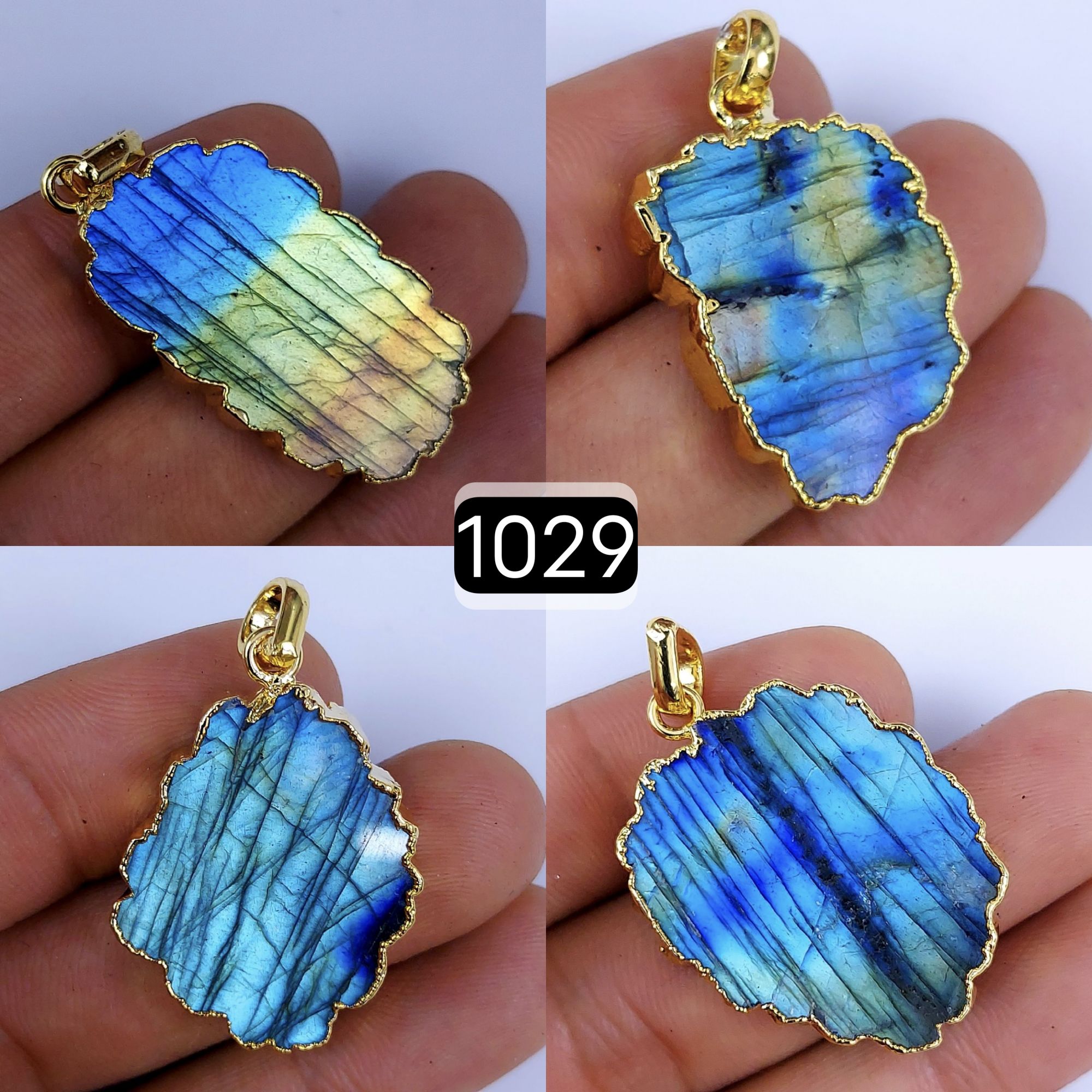 159Cts Natural Blue Labradorite Gold Electroplated Slice Pendant 32x18 22x12mm#1029