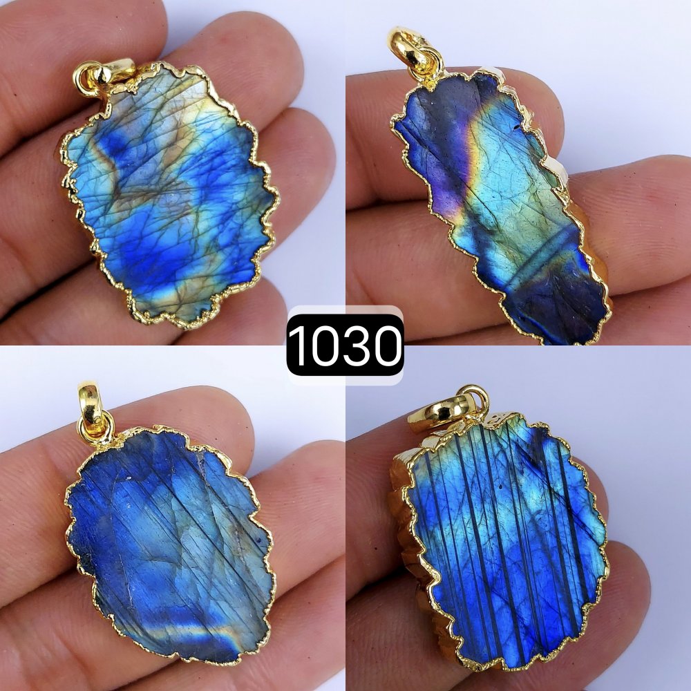 184Cts Natural Blue Labradorite Gold Electroplated Slice Pendant 32x18 22x12mm#1030