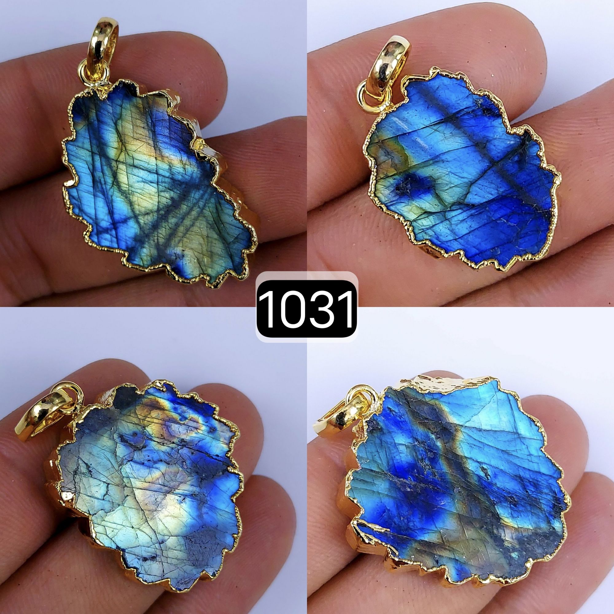 172Cts Natural Blue Labradorite Gold Electroplated Slice Pendant 32x18 22x12mm#1031