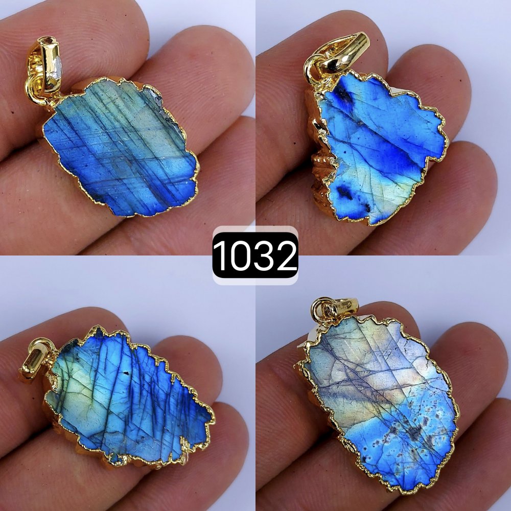 126Cts Natural Blue Labradorite Gold Electroplated Slice Pendant 32x18 22x12mm#1032