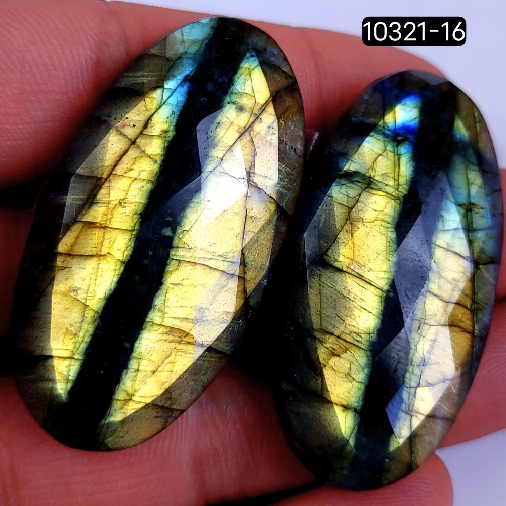 142Cts Natural Labradorite Faceted Cabochon Pair Polished Loose Gemstone Flat Back Multi Jewelry Making Crystal  48x24mm #10321-16