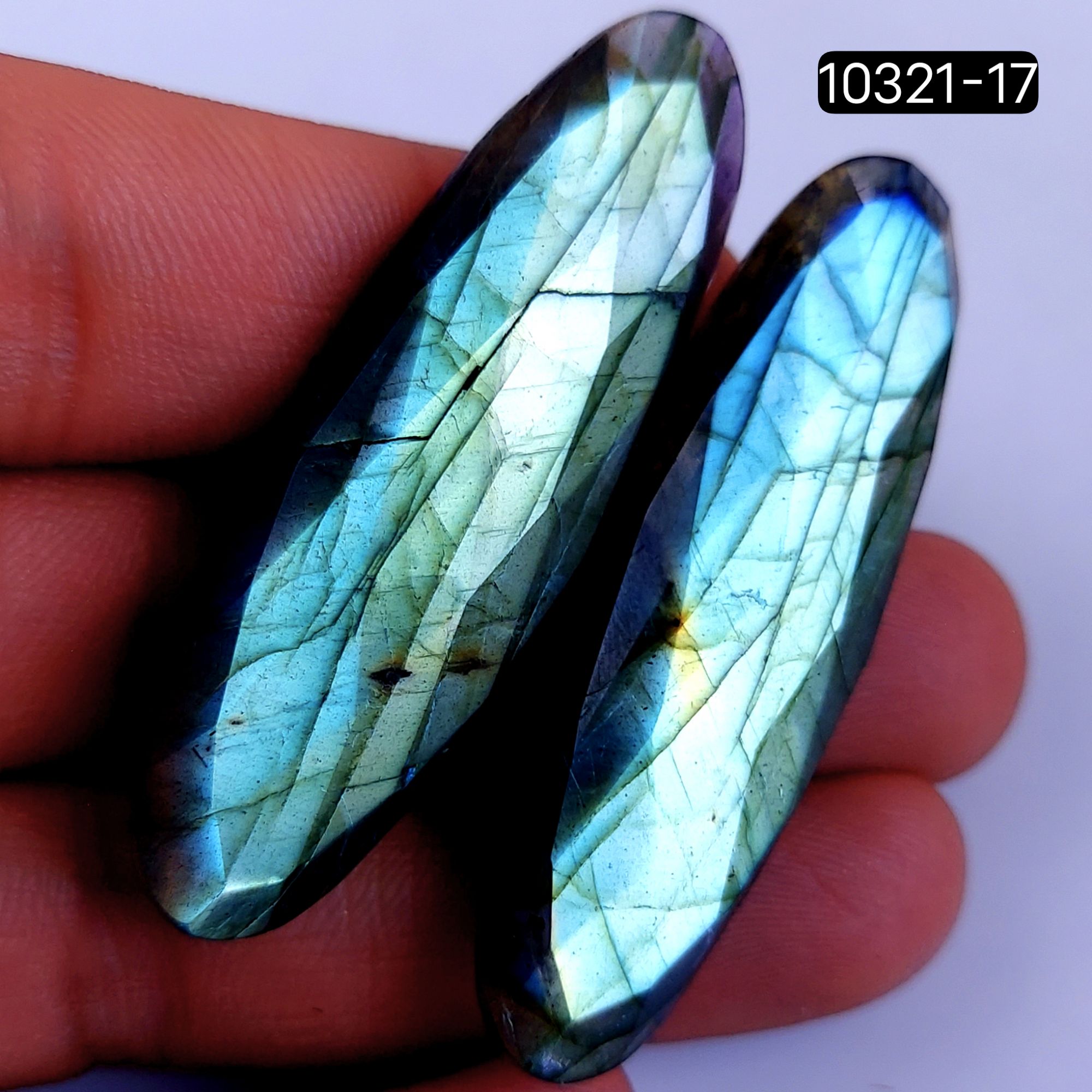 113Cts Natural Labradorite Faceted Cabochon Pair Polished Loose Gemstone Flat Back Multi Jewelry Making Crystal  55x17mm #10321-17