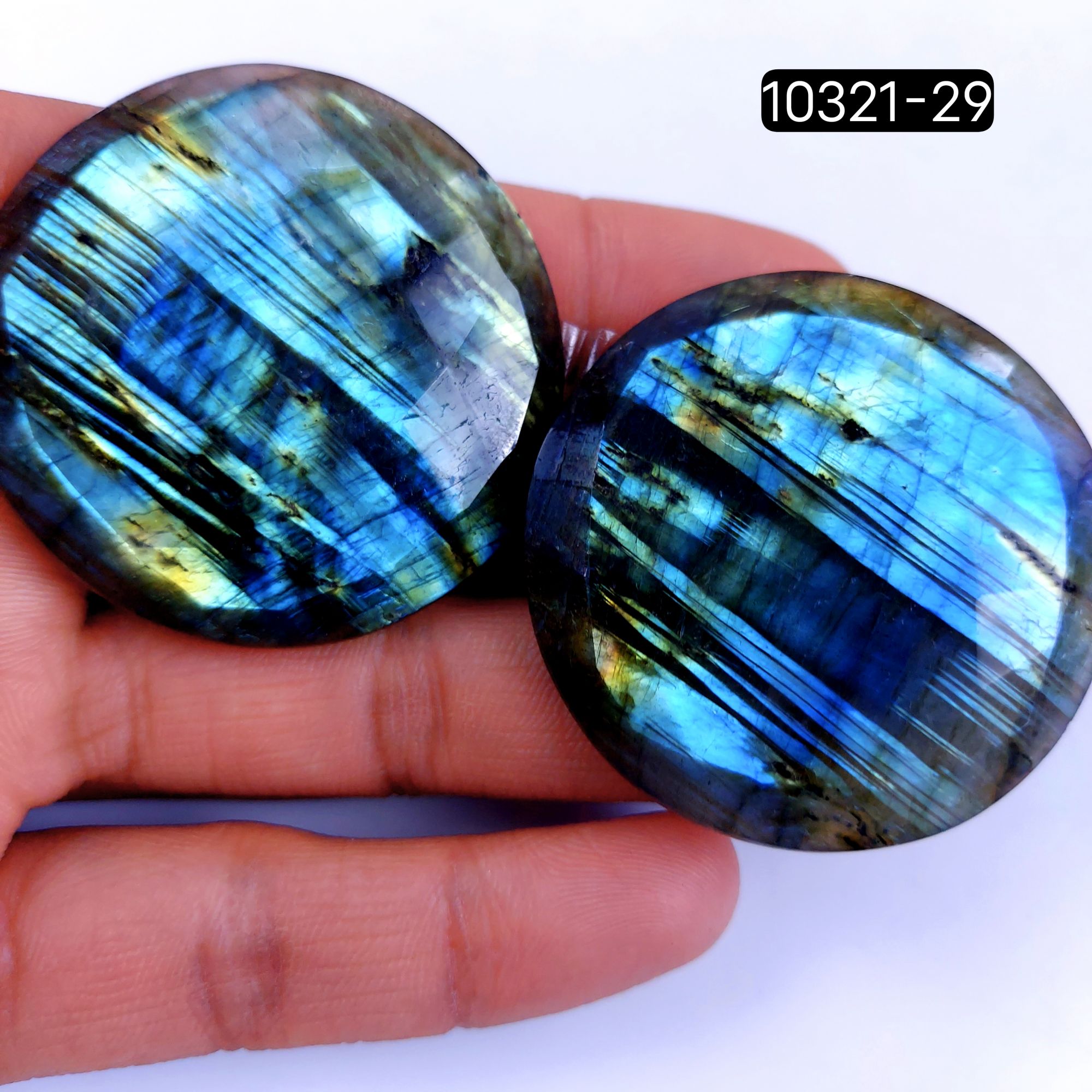 266Cts Natural Labradorite Faceted Cabochon Pair Polished Loose Gemstone Flat Back Multi Jewelry Making Crystal  45x45mm #10321-29